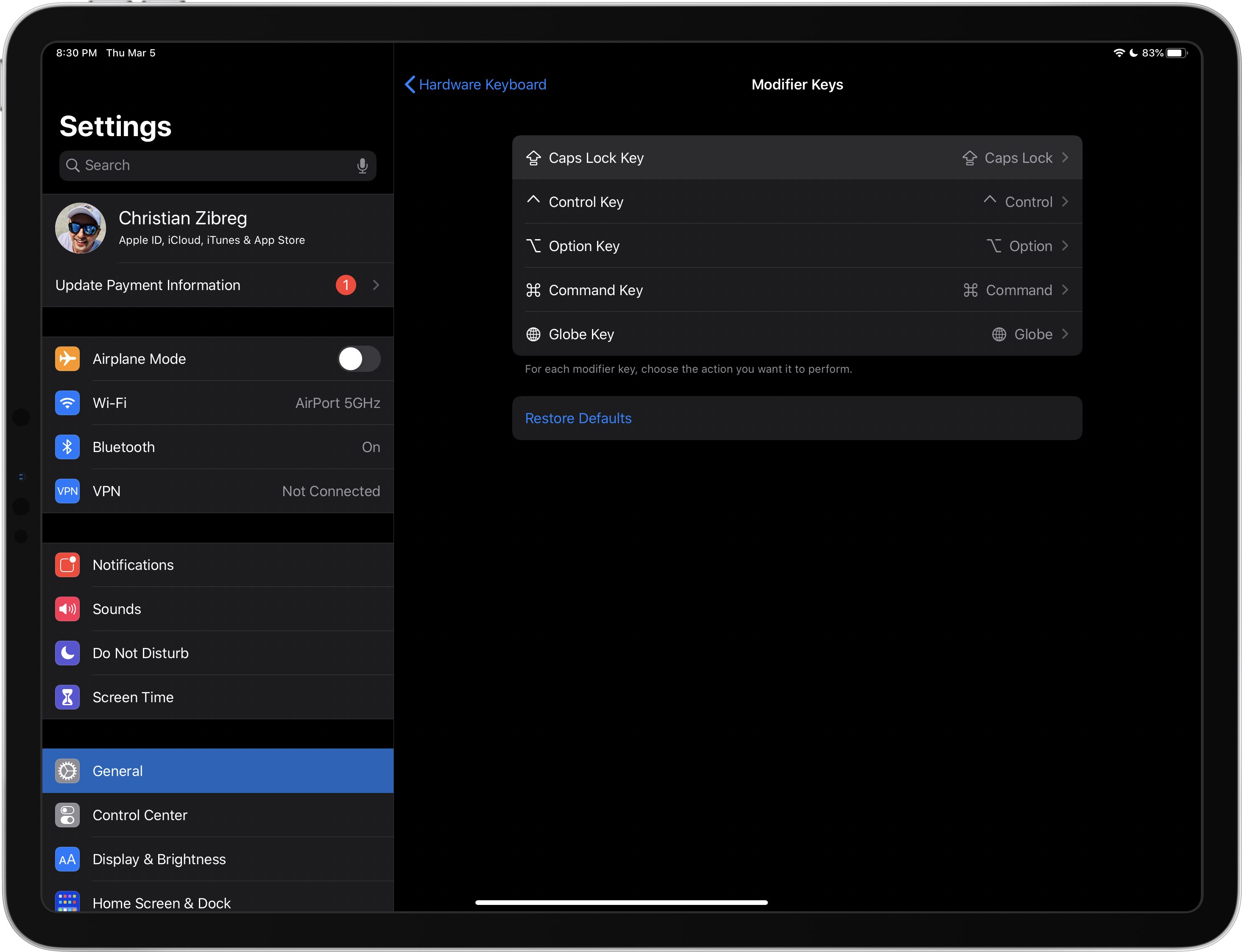 A screenshot of the Settings app on the iPad showing the interface to change the modifier keys