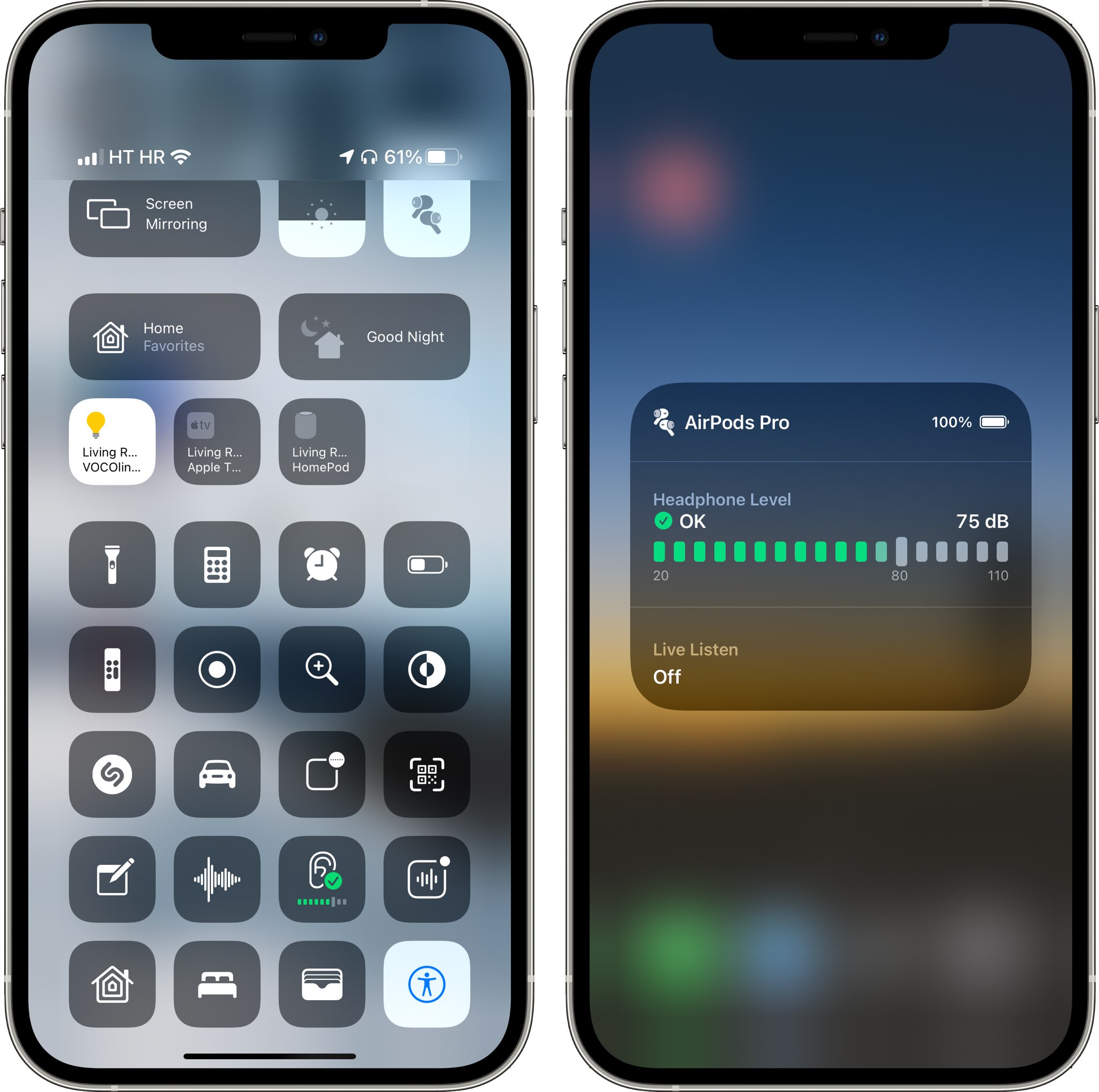 The Control Center on iOS 14 with the Hearing option shown in action on iPhone