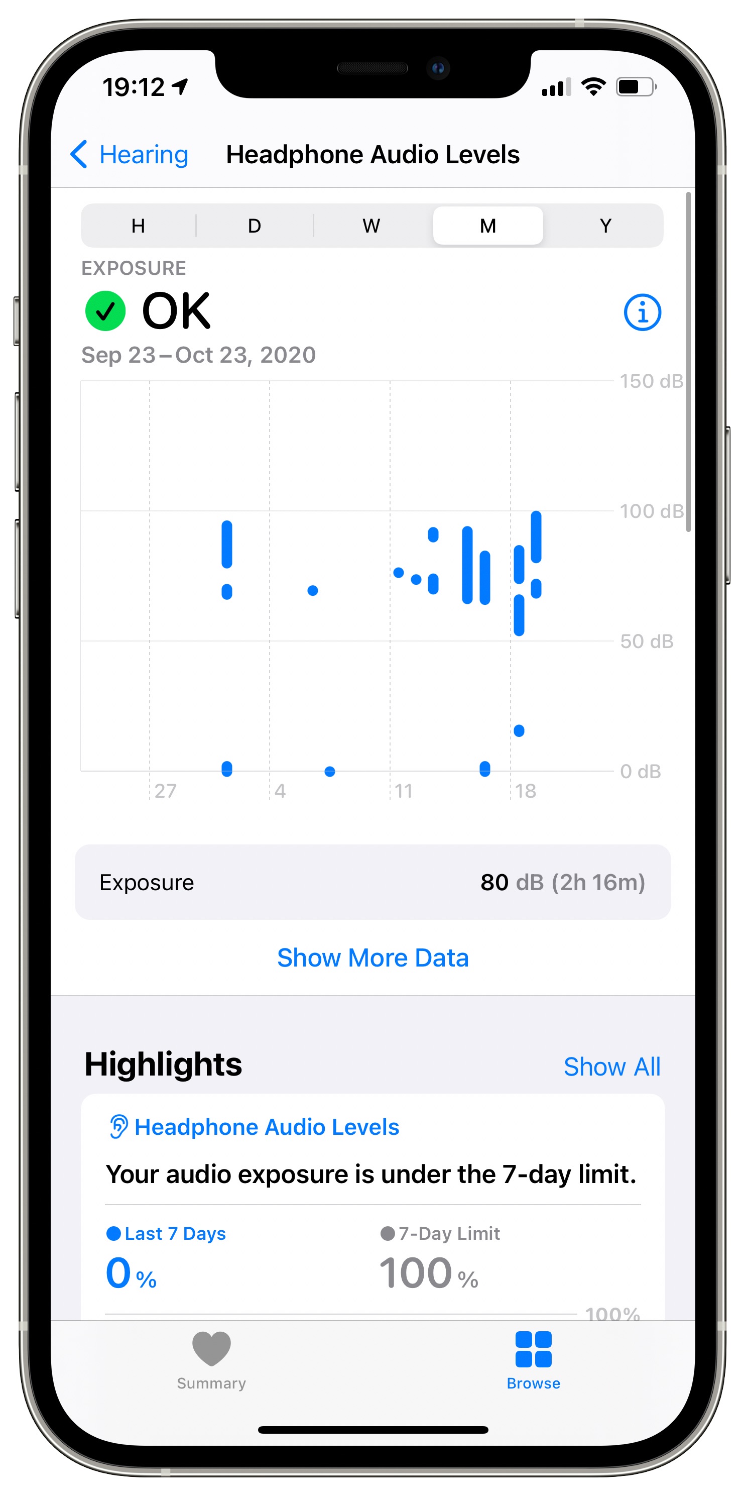 The Health app on iOS 14 with the Headphone Audio Levels screen on iPhone