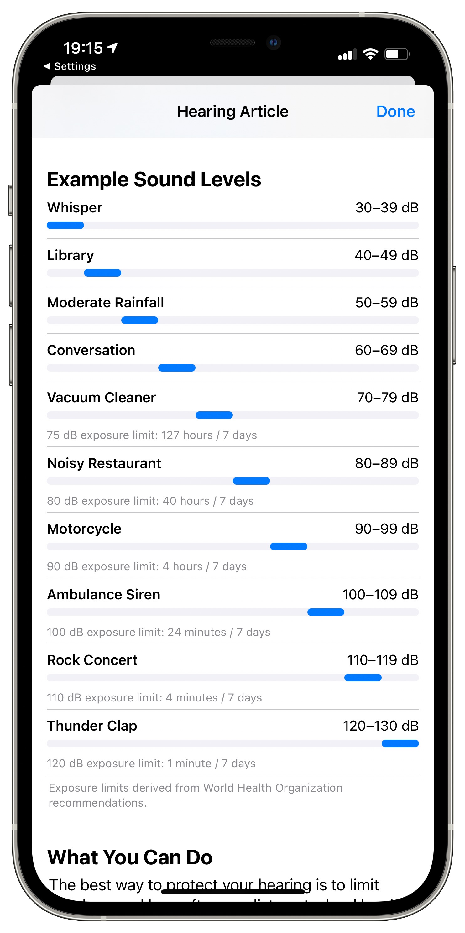 The Sounds and Haptics settings on iPhone with Example Sound Levels in the Hearing section on iPhone