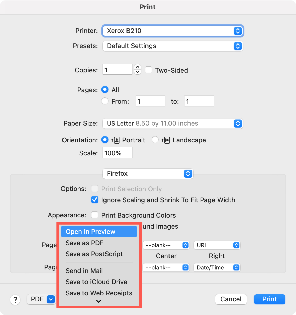 Firefox Print Open in Preview