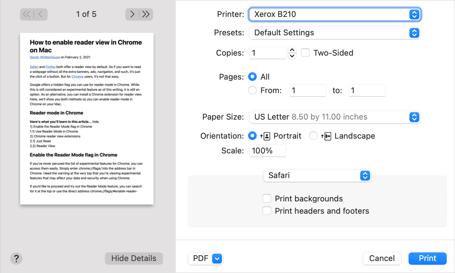 Safari Print on Mac