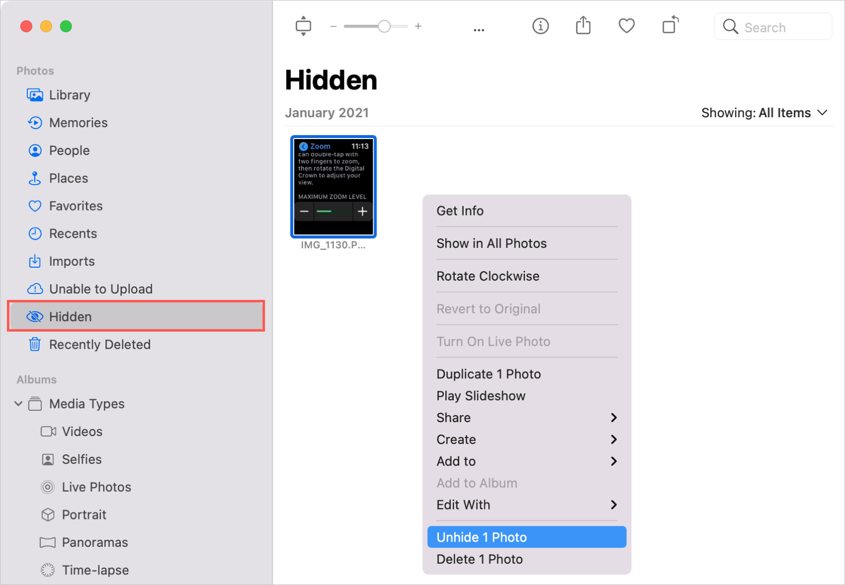 Unhide a Photo on Mac