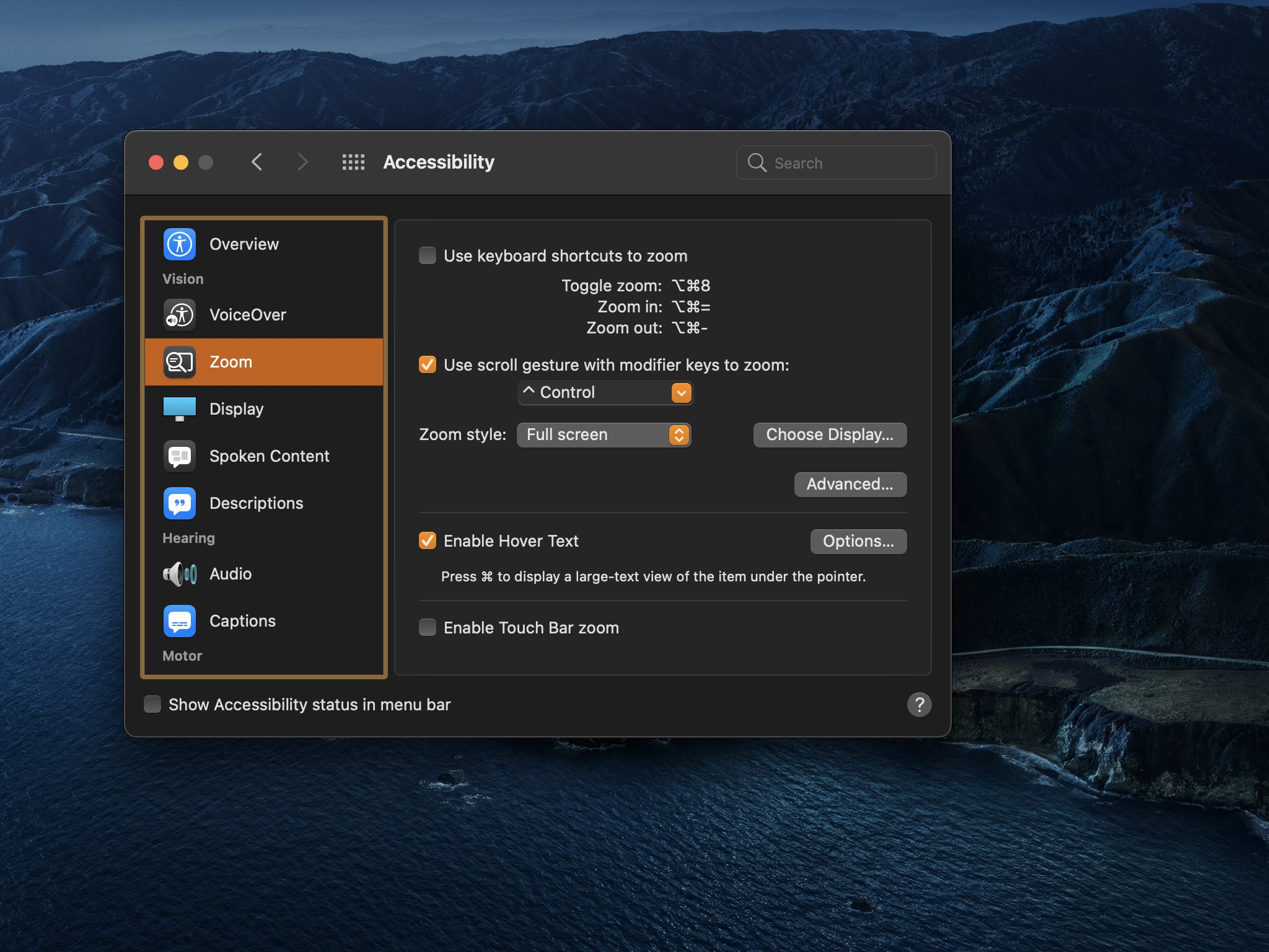 A screenshot showing the Mac Hover Text option enabled in the Accessibility preferences on macOS Big Sur