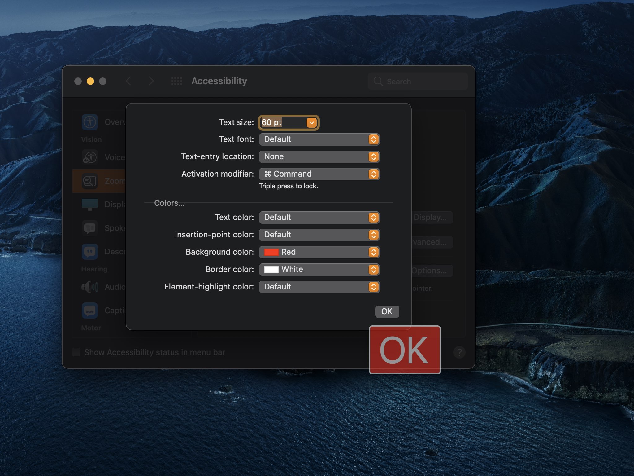 A screenshot showing adjusting the Mac Hover Text window appearance and features on macOS Big Sur