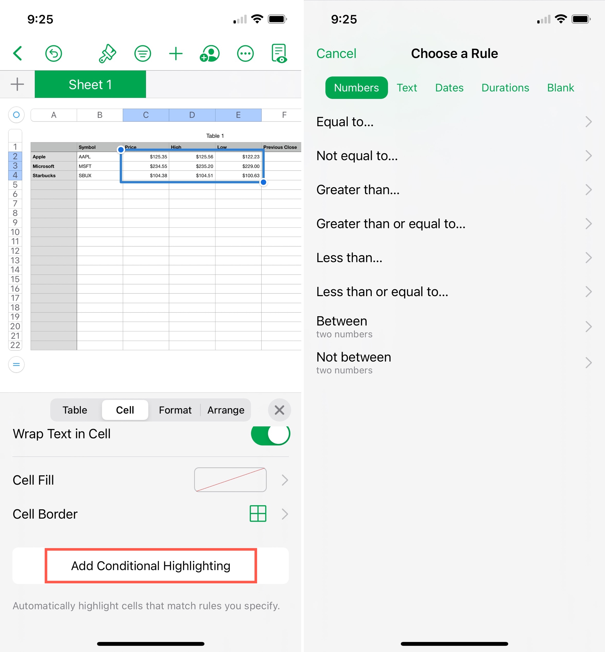 Add a Rule in Numbers on iPhone