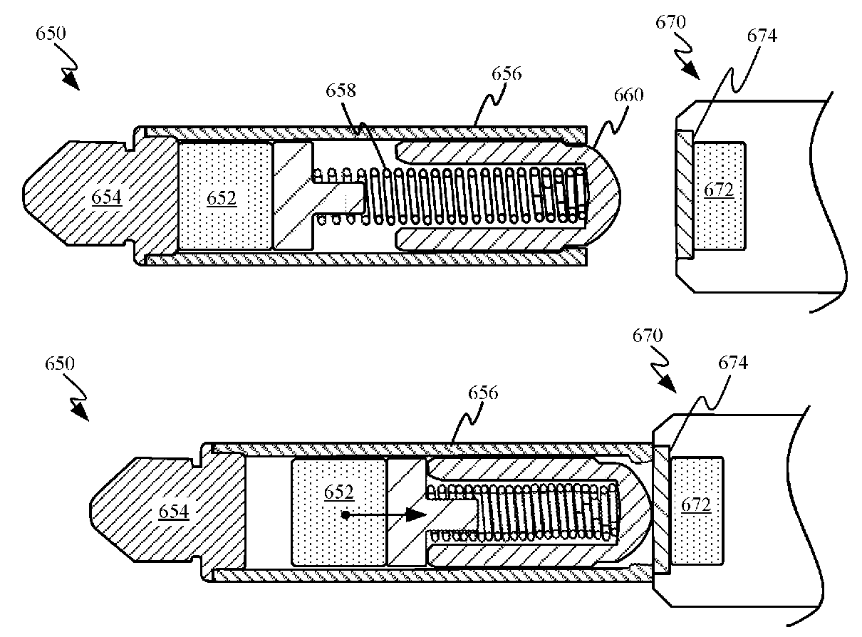 A drawing from Apple's MagSafe patent showing how a charge cable might snap on a Mac notebook MagSafe port