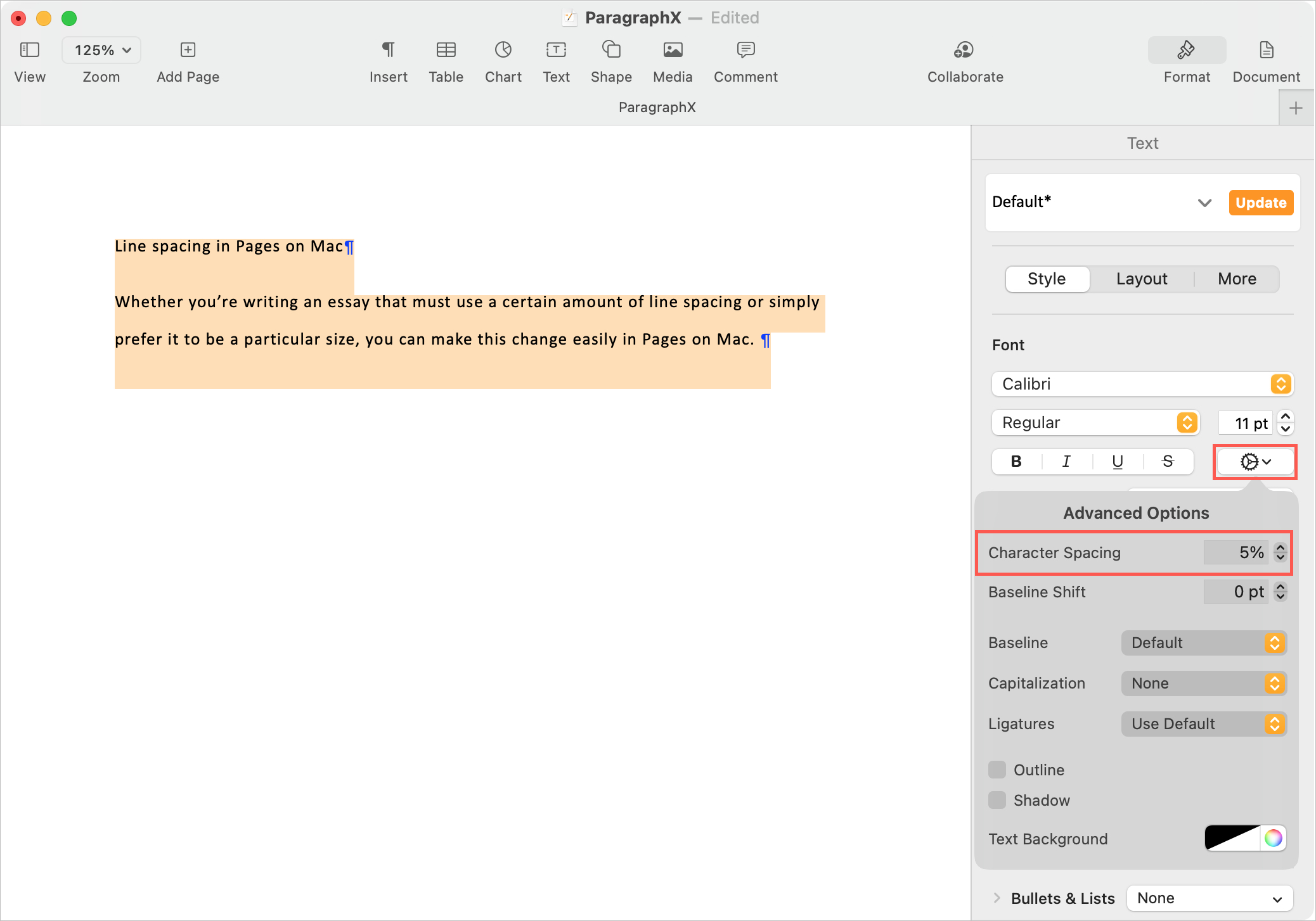 Character Spacing in Pages on Mac