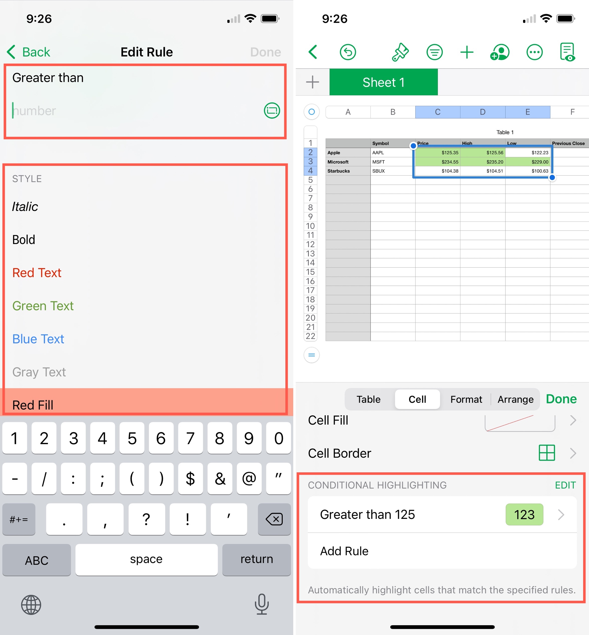Conditional Highlighting in Numbers on iPhone