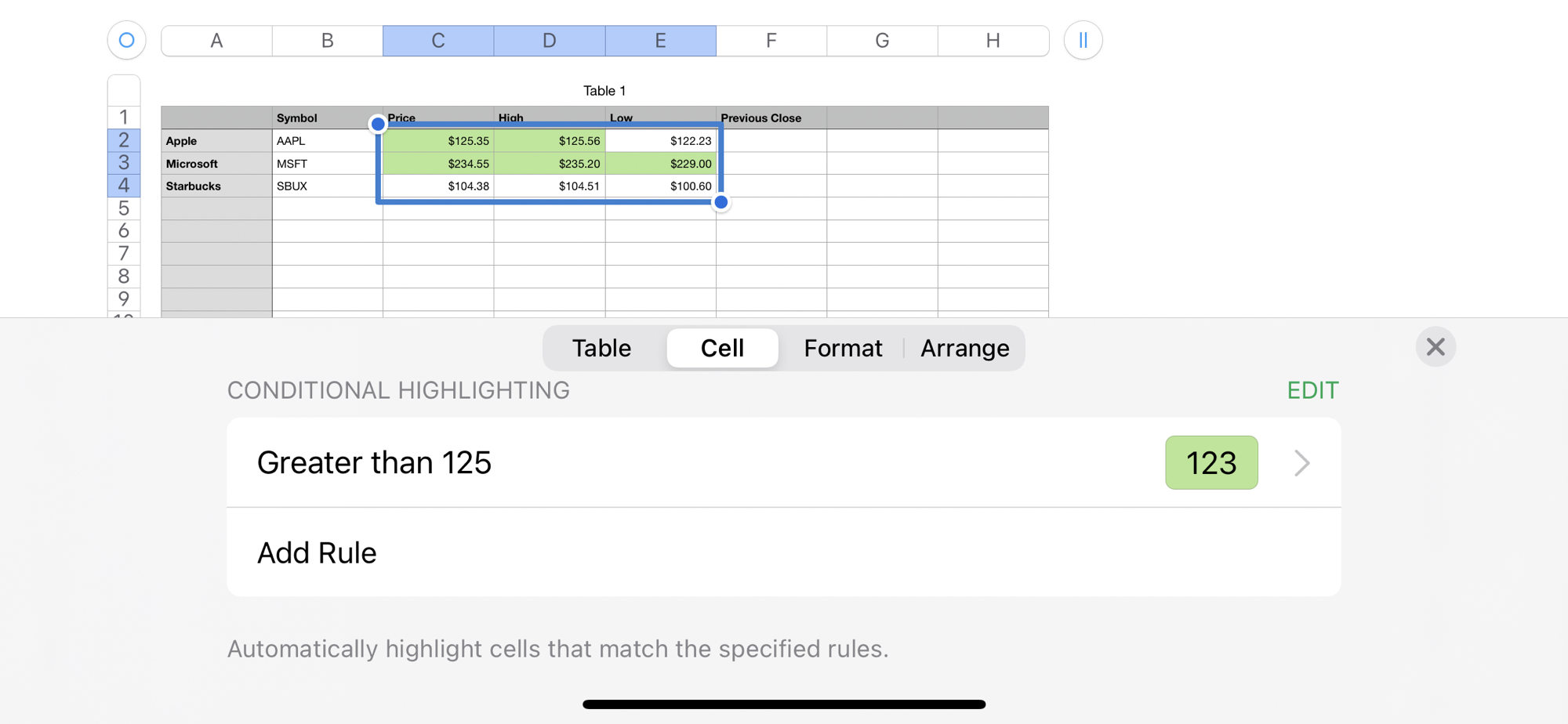 Edit Conditional Highlighting in Numbers on iPhone