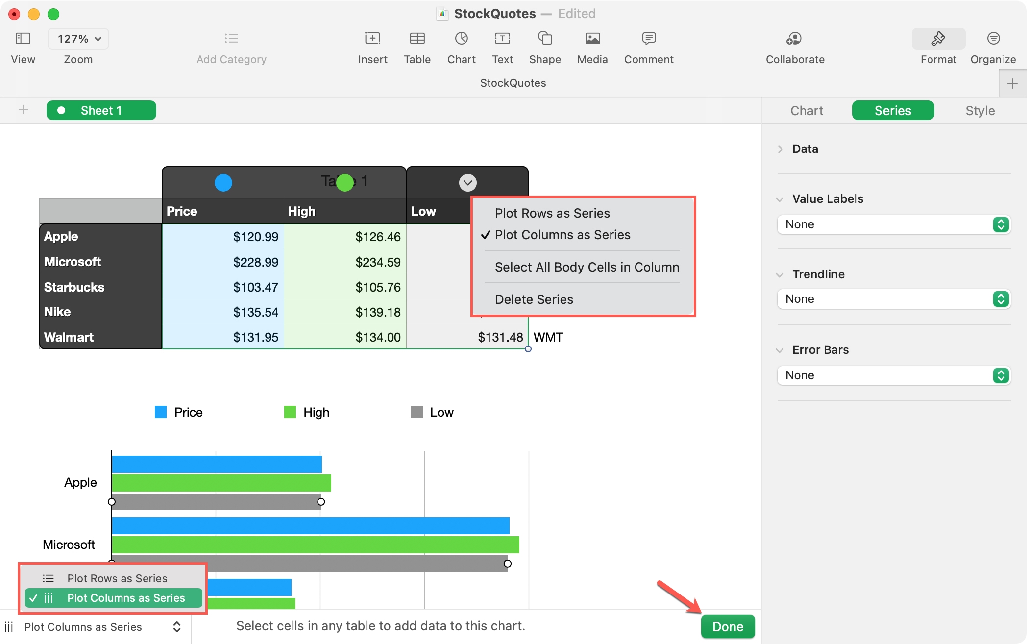 Edit Data Chart in Numbers on Mac