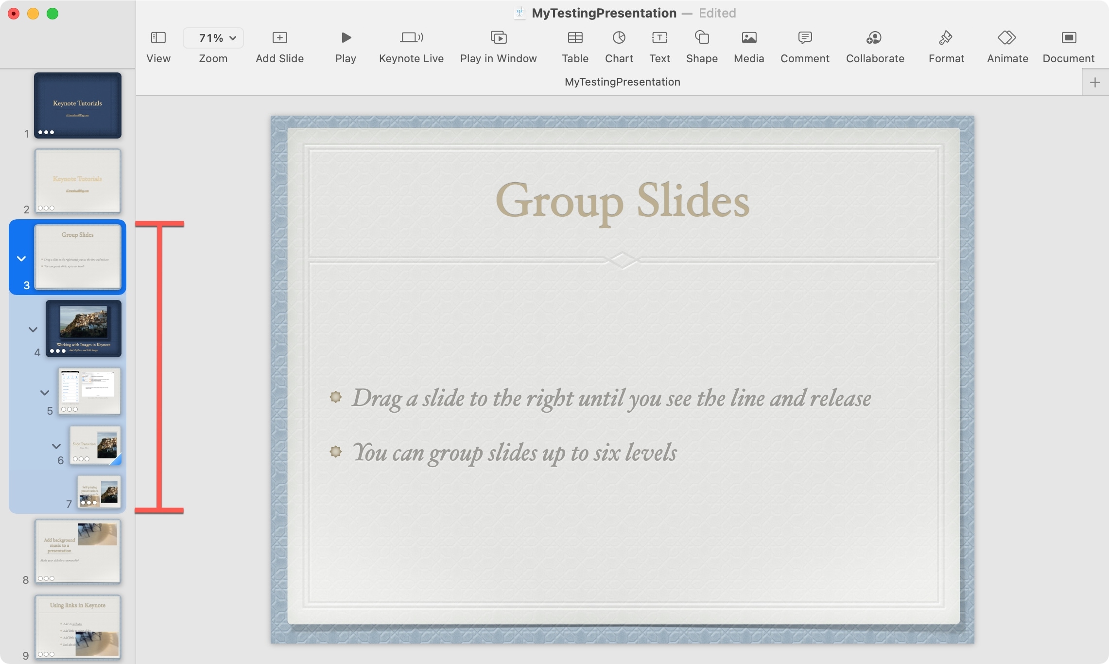 Grouped Slides Levels in Keynote on Mac