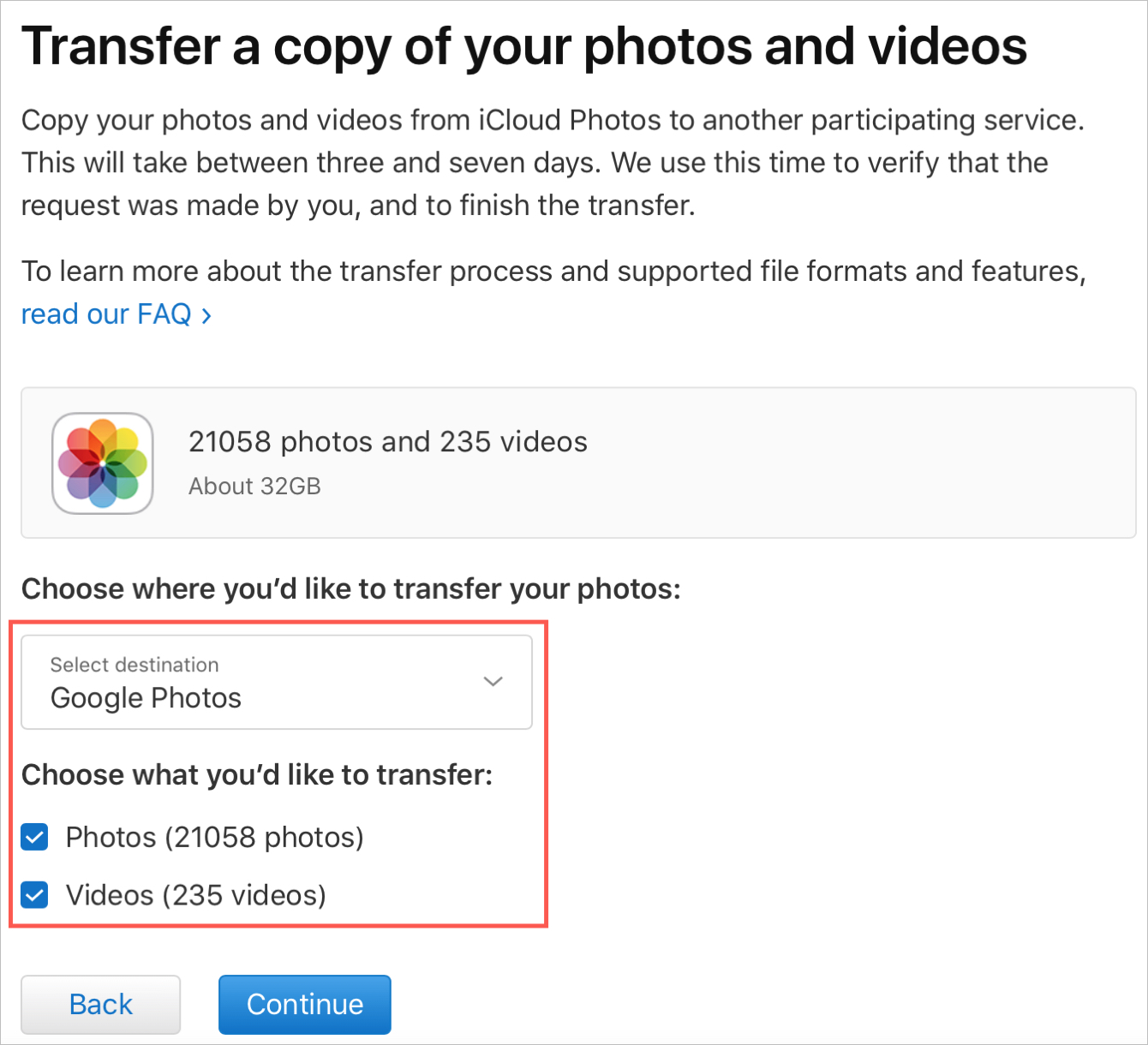 Select Items for the Transfer to Copy Data