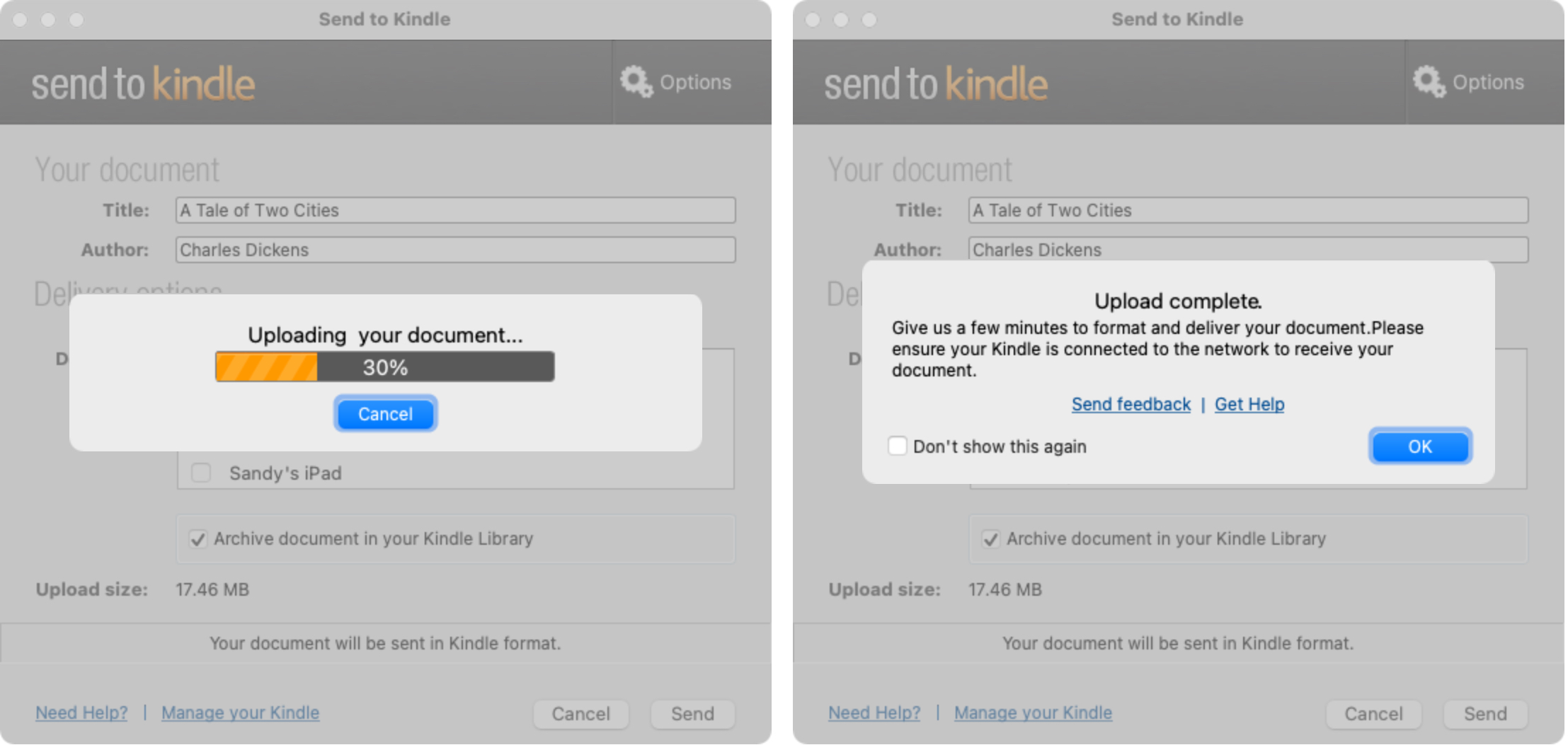 Send to Kindle Progress and Complete
