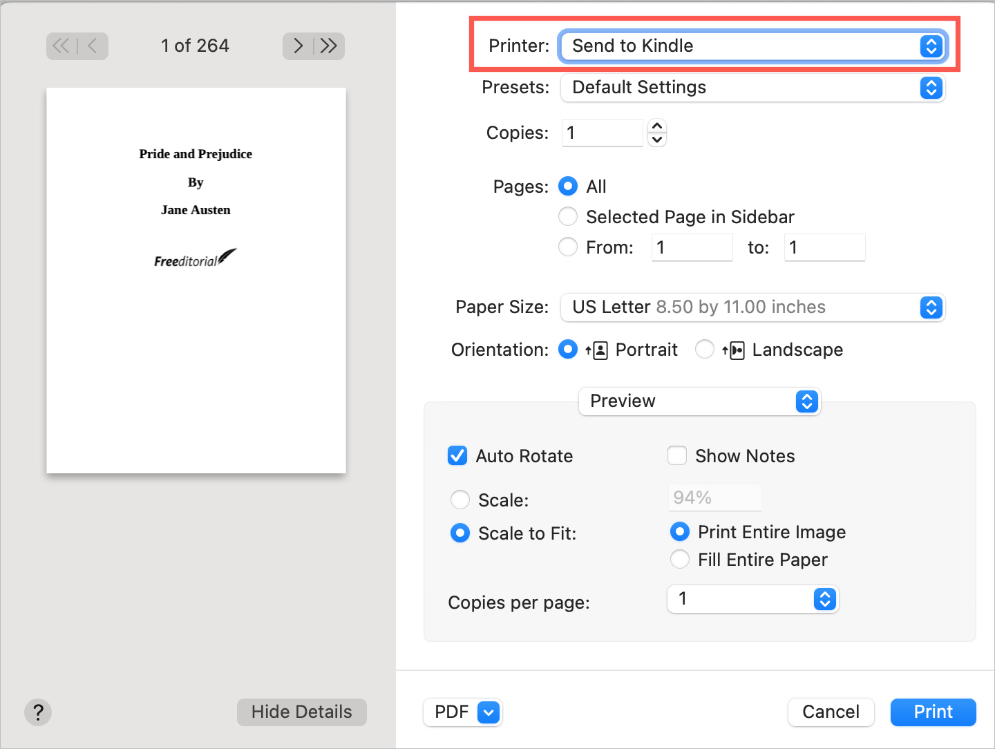Send to Kindle from the Print Menu