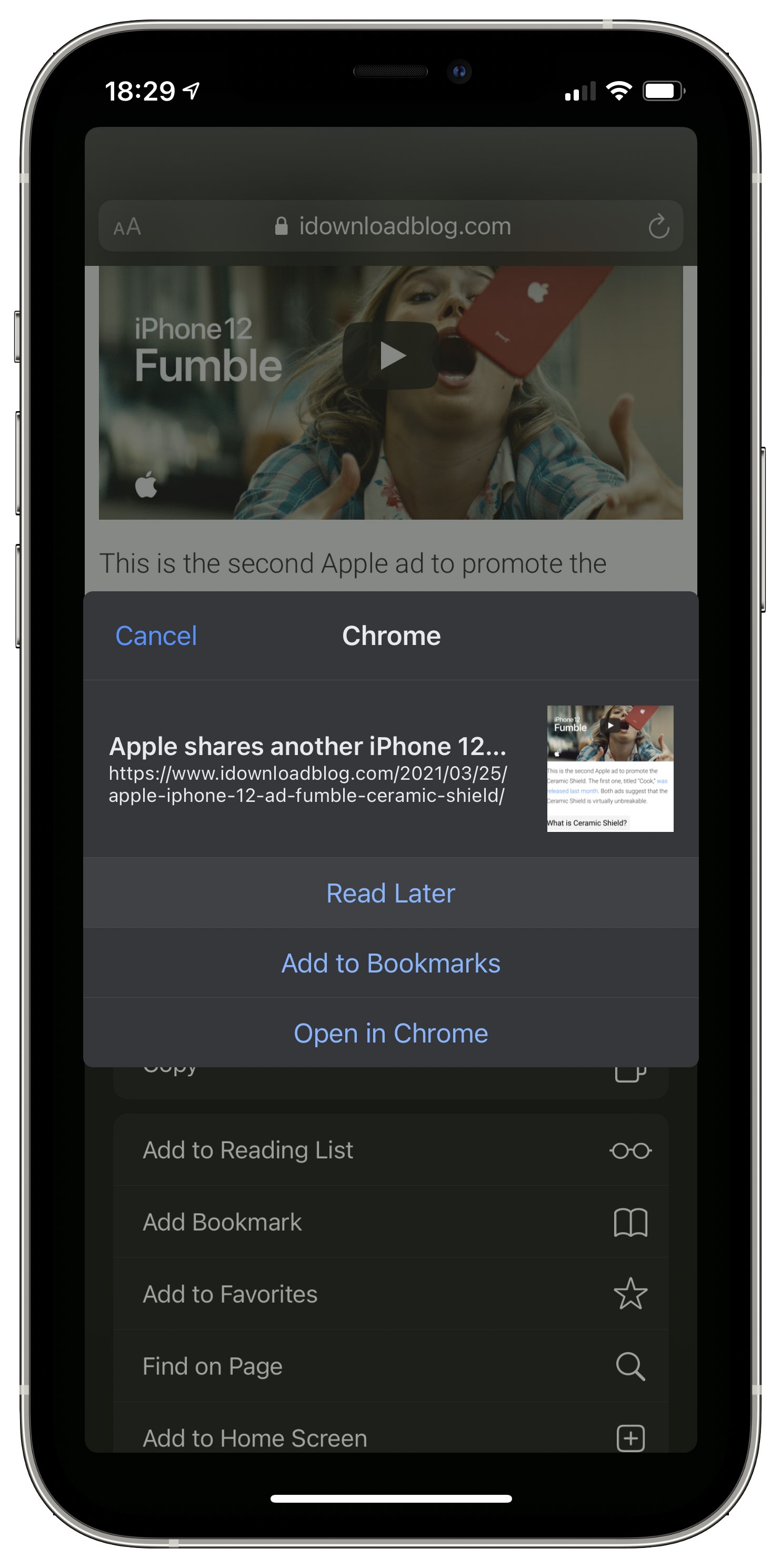 An iOS 14 screenshot illustrating sharing a Safari webpage with the Google Chrome browser with the Add to Reading List option on the iPhone