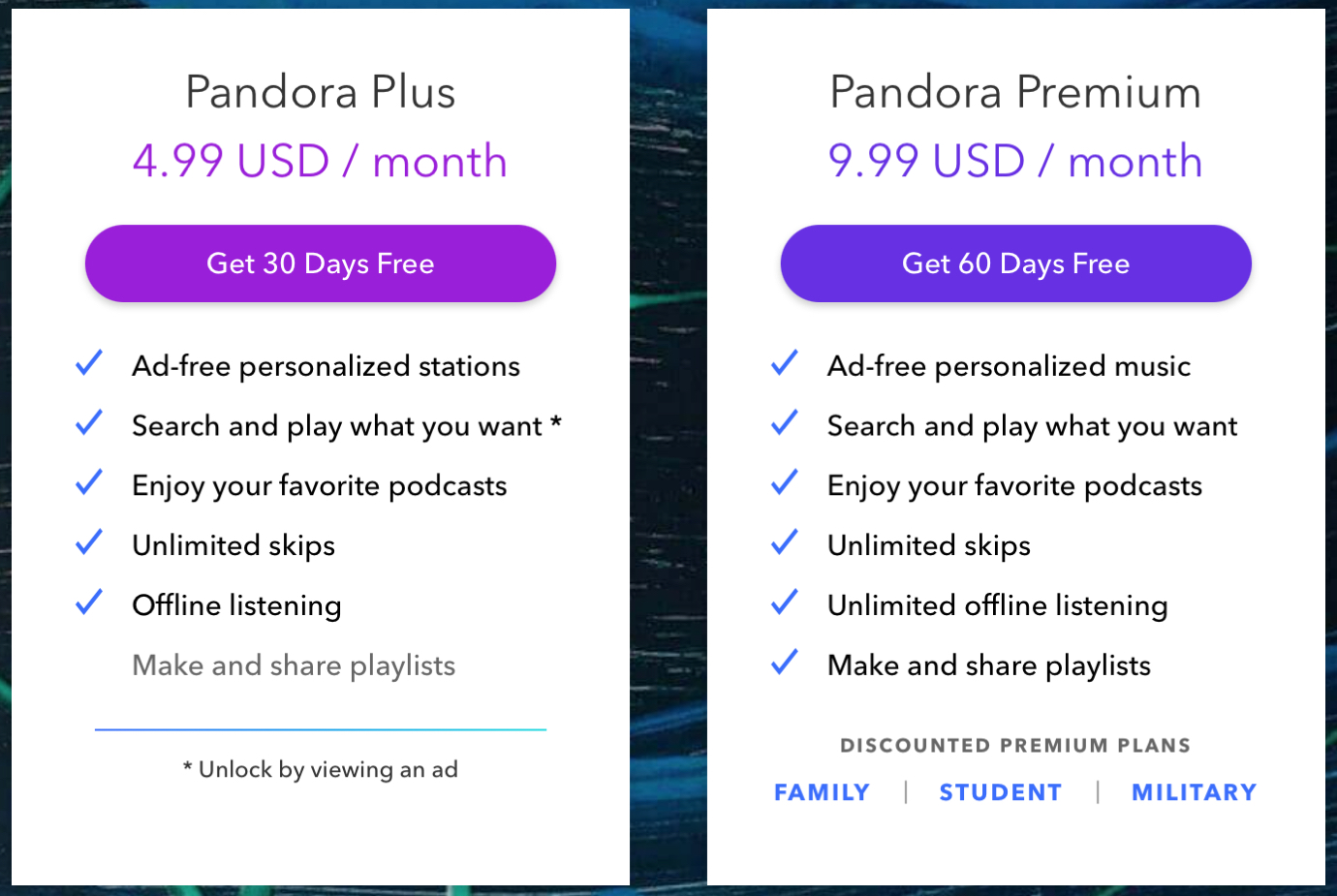 Pandora Subscription Plans on the Web