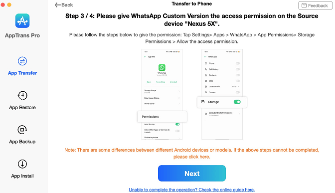 A screenshot showing the AppTransfer interface in the AppTrans app for macOS from iMobie