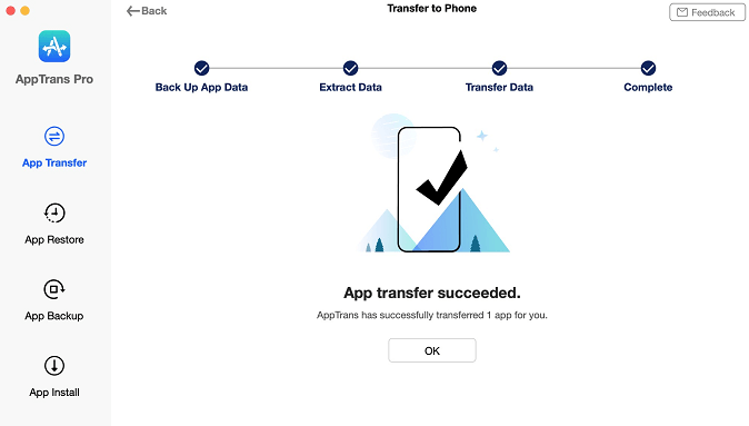 A screenshot showing the AppTransfer function in the AppTrans app for macOS from iMobie