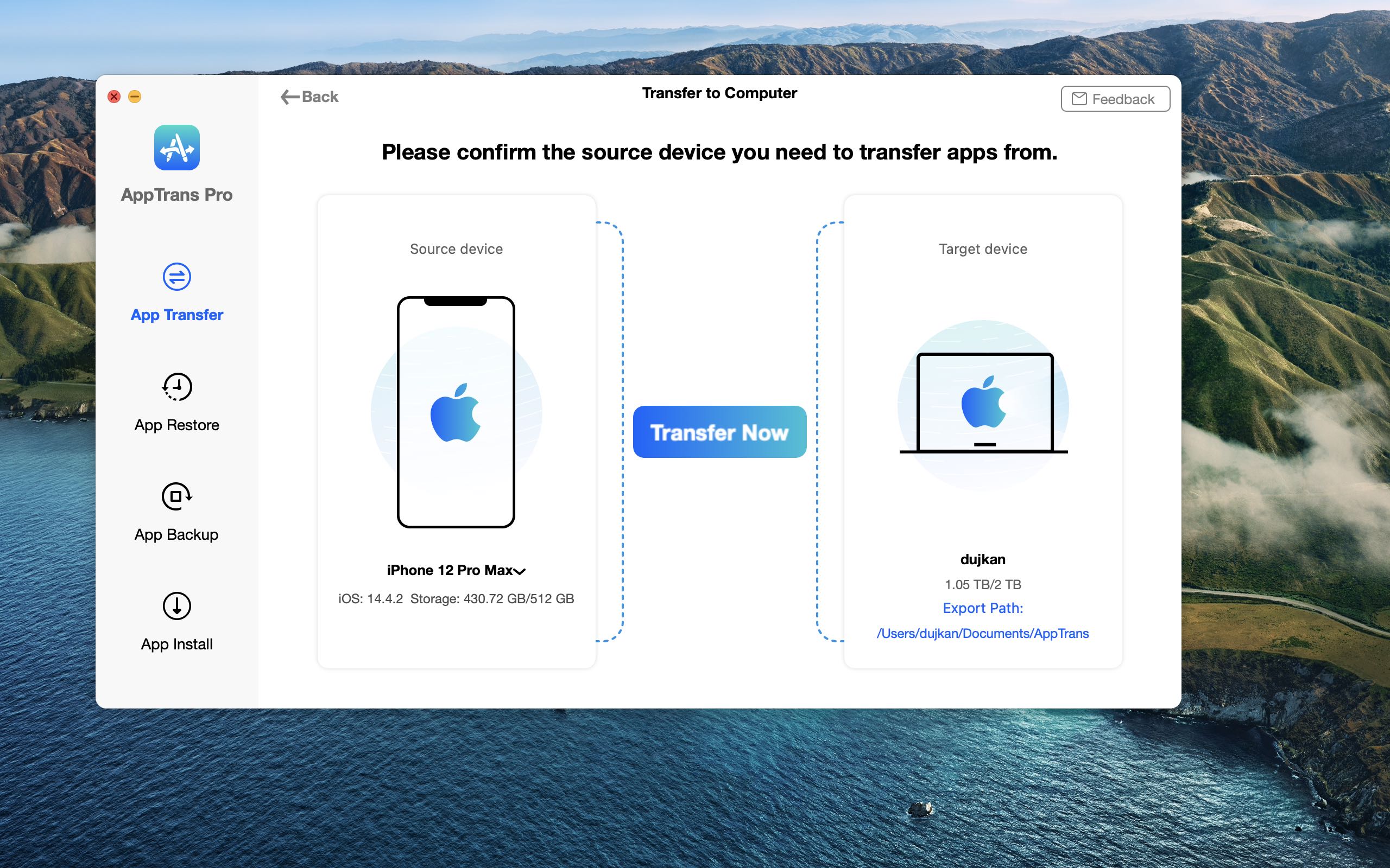 A screenshot showing the app transfer feature in the AppTrans app for macOS from iMobie