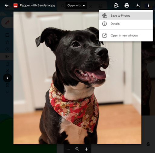 A screenshot showing a Gmail image attachment along with the Save to Google Photos option selected in the contextual menu