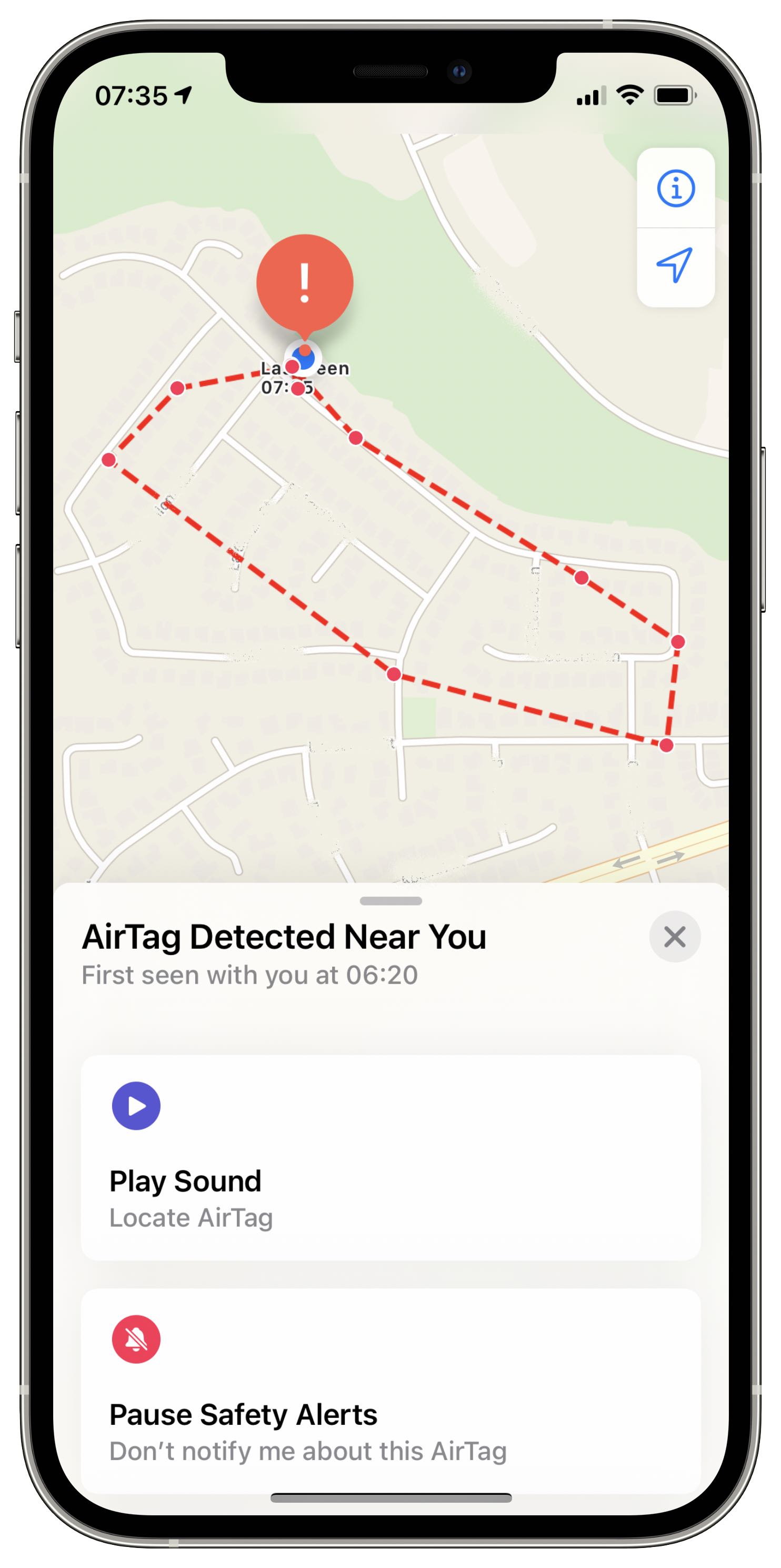 A screenshot of the Apple Find MY app showing the safety options when an unknown AirTag is detected