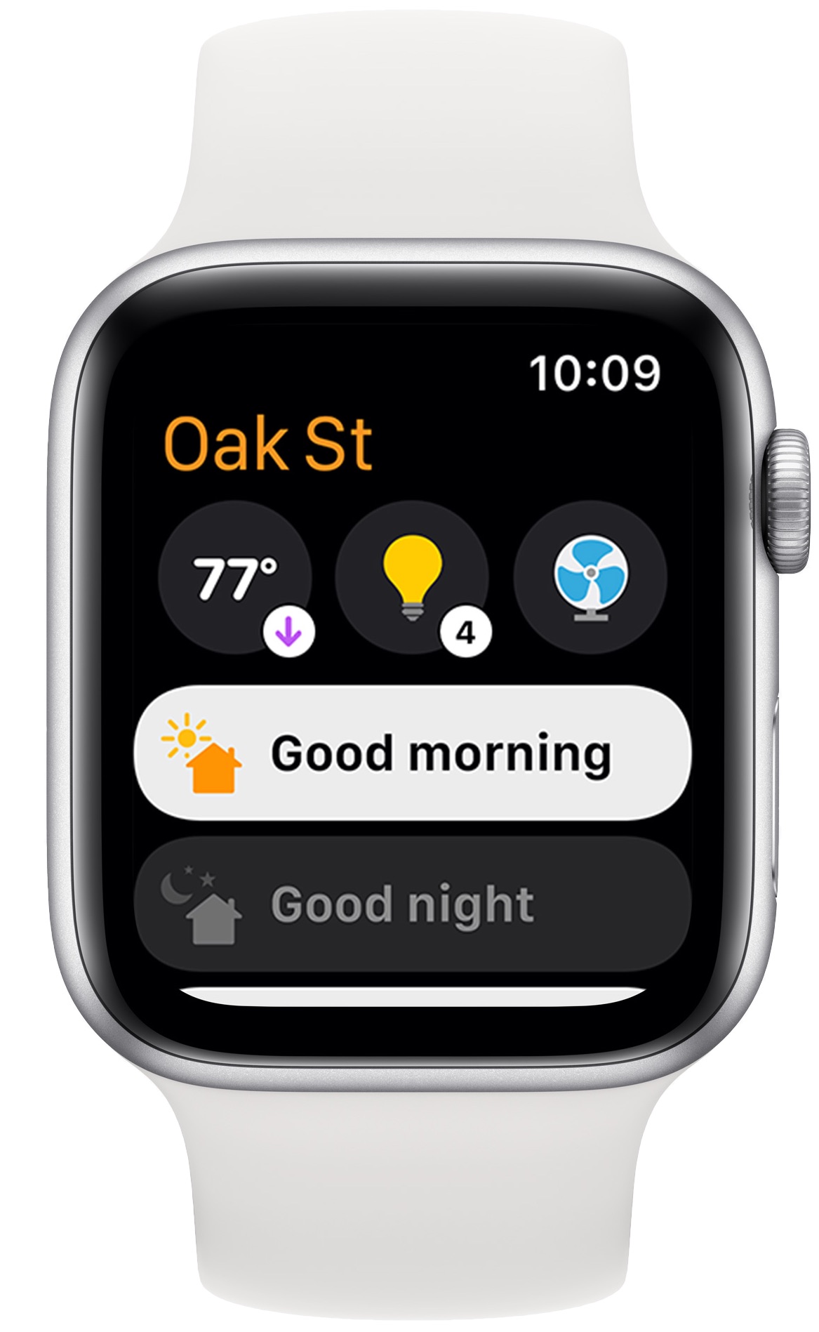 The redesigned Home app on watchOS 8 shown running on Apple Watch, showing convenient access to HomeKit scenes and accessories
