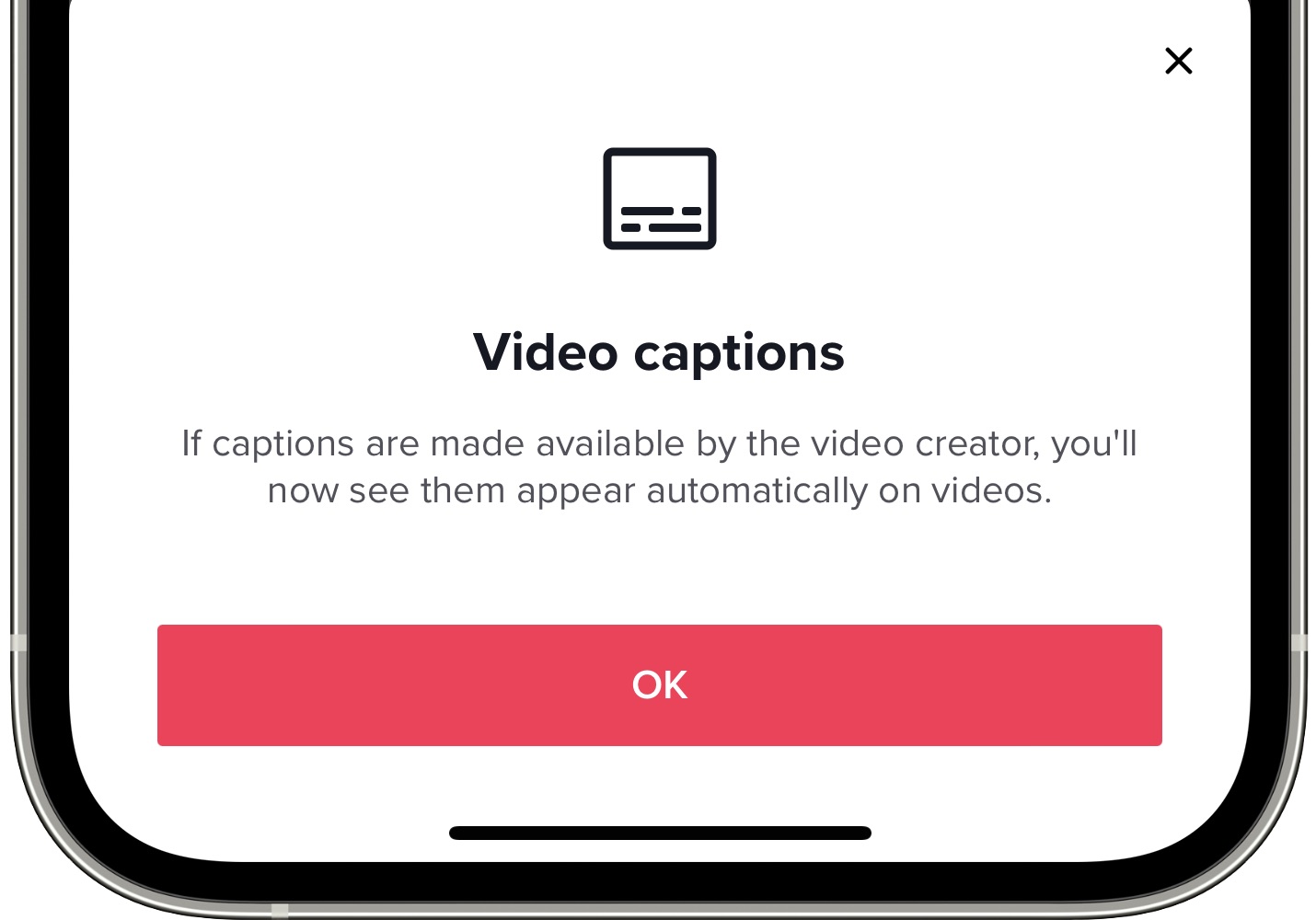 iPhone screenshot of TikTok's splash screen for video captions