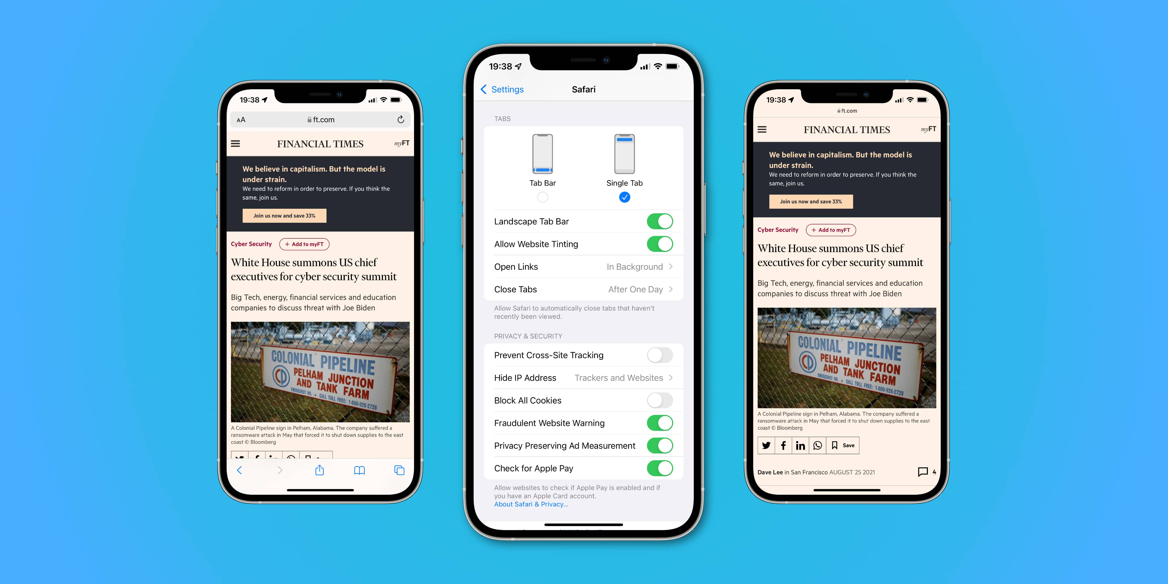 Three iPhone screenshots showing website tinting settings for iOS 15 Safari