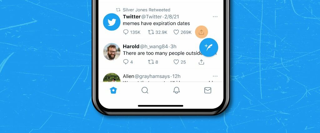 Promotional graphics highlighting the Share icon in the mobile Twitter app for iPhone