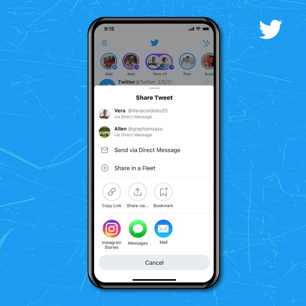 Promotional graphics highlighting the Share menu in the mobile Twitter app for iPhone