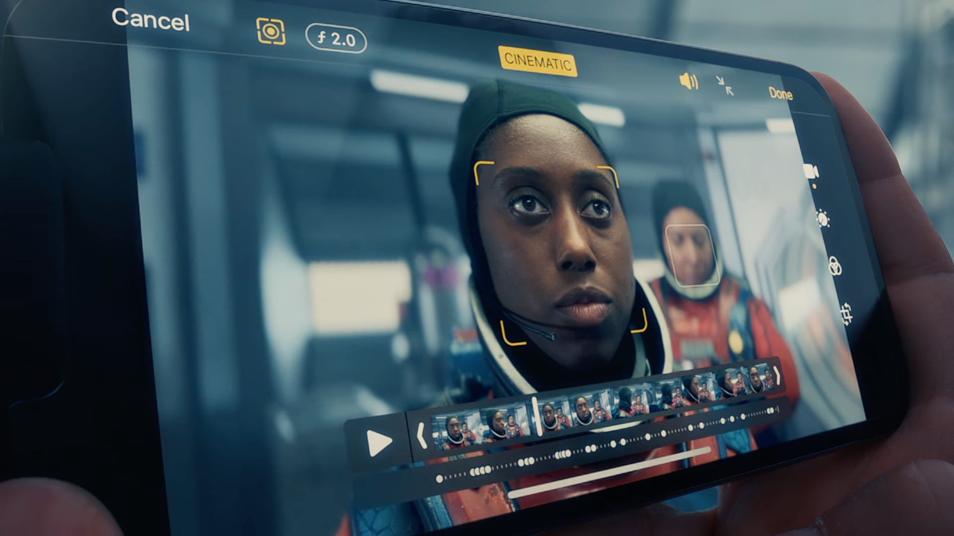 A scene from Apple's iPhone 13 Pro introduction video on YouTube featuring Cinematic Mode video