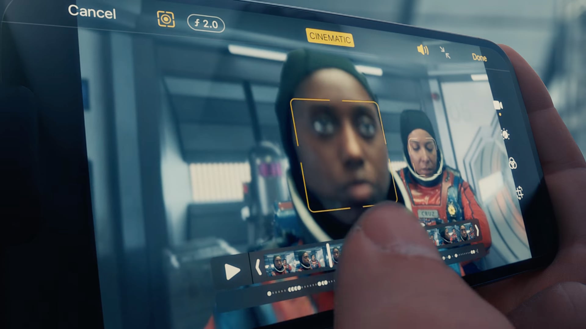 A scene from Apple's iPhone 13 Pro introduction video on YouTube featuring Cinematic Mode video