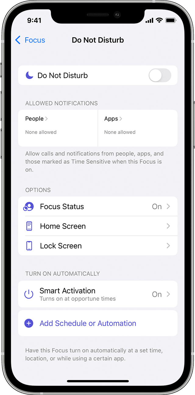iPhone screenshot showing the Do Not Disturb settings for Focus Mode on Apple's iOS 15 software