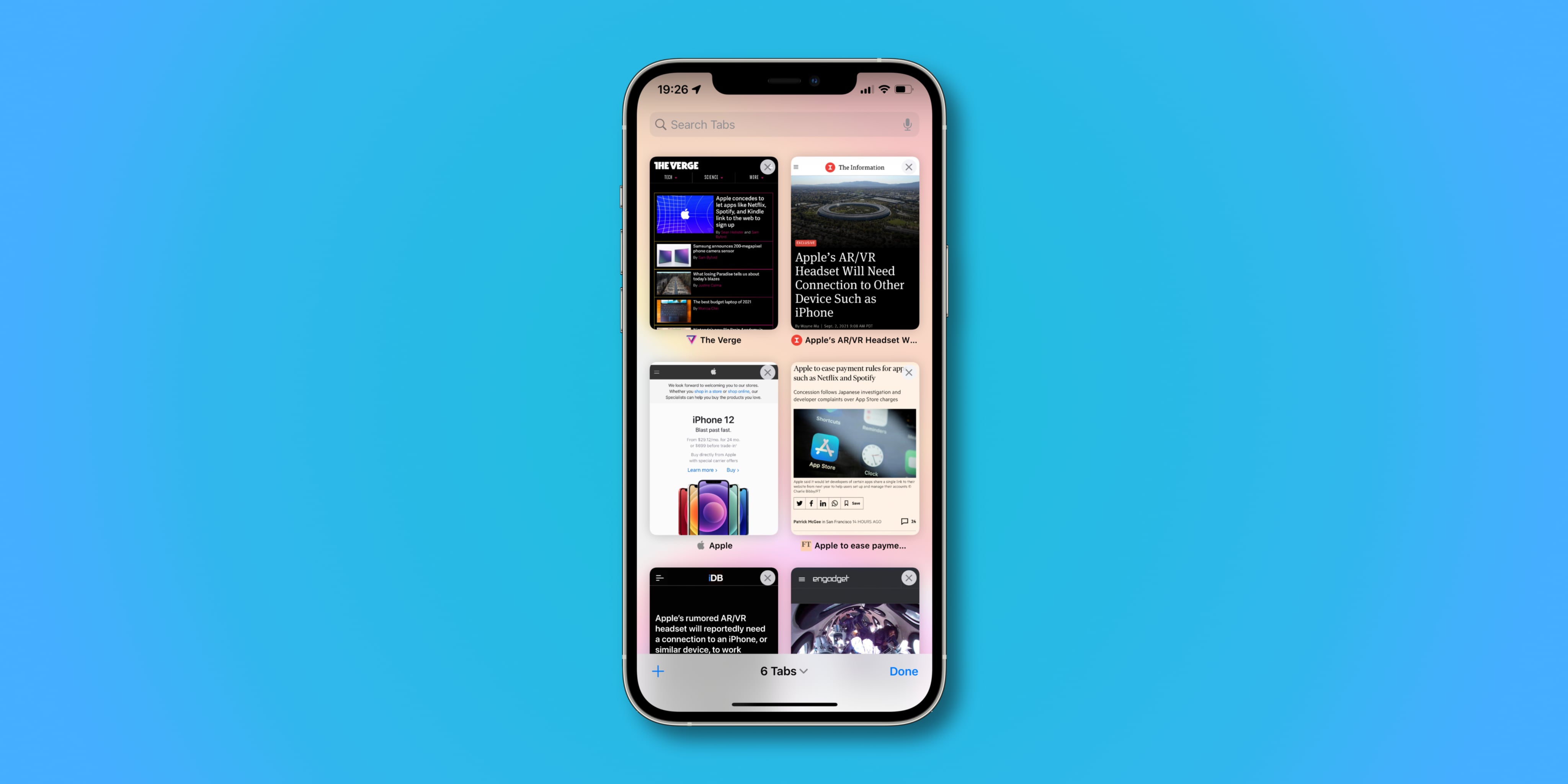 iPhone screenshot illustrating website thumbnails in the All Tabs view in Safari on iOS 15