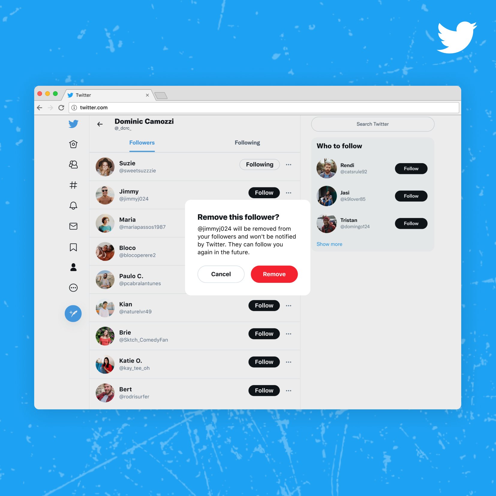 A screenshot of Twitter's web interface showing removing a follower without blocking them