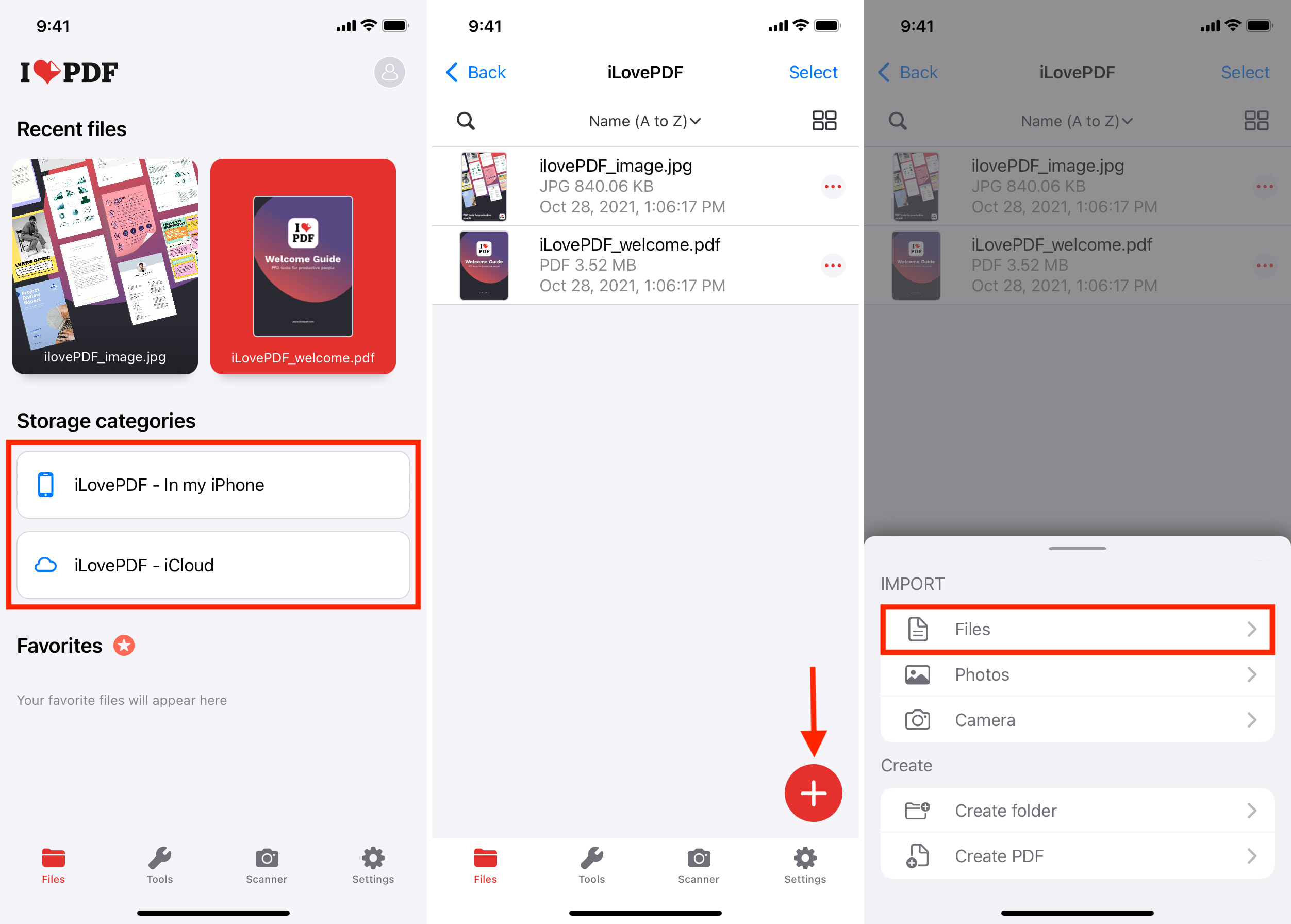 In iLovePDF app tap plus icon and Files