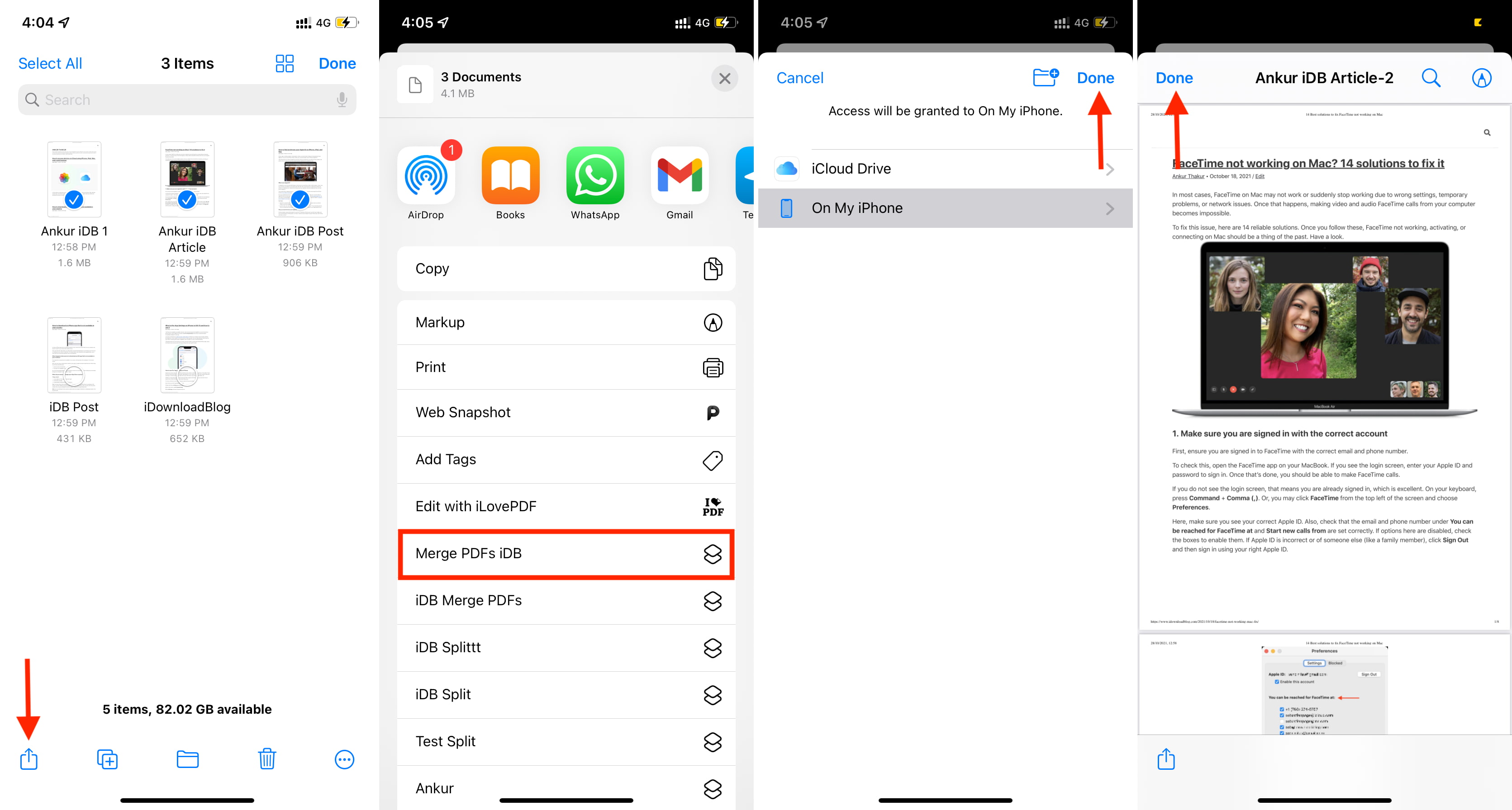 Using Merge PDFs iOS shortcut from iPhone Share Sheet