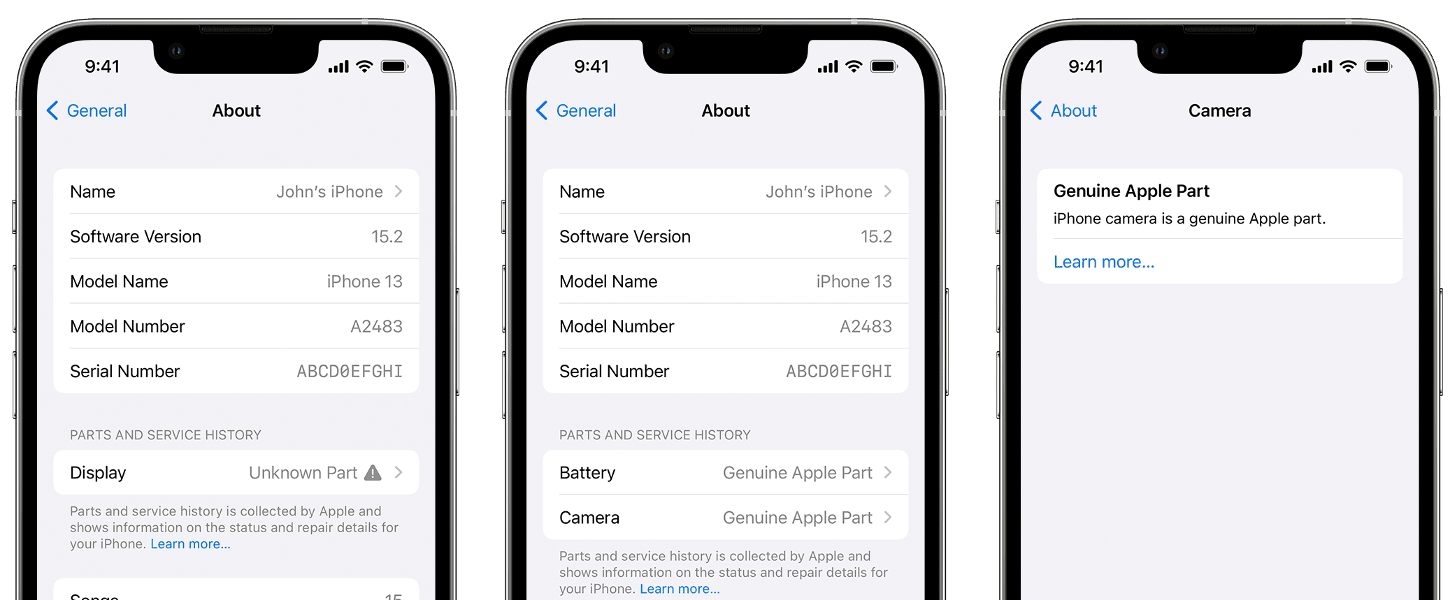 Three screenshots showing the Parts and Service History screen in the Settings app on iPhone