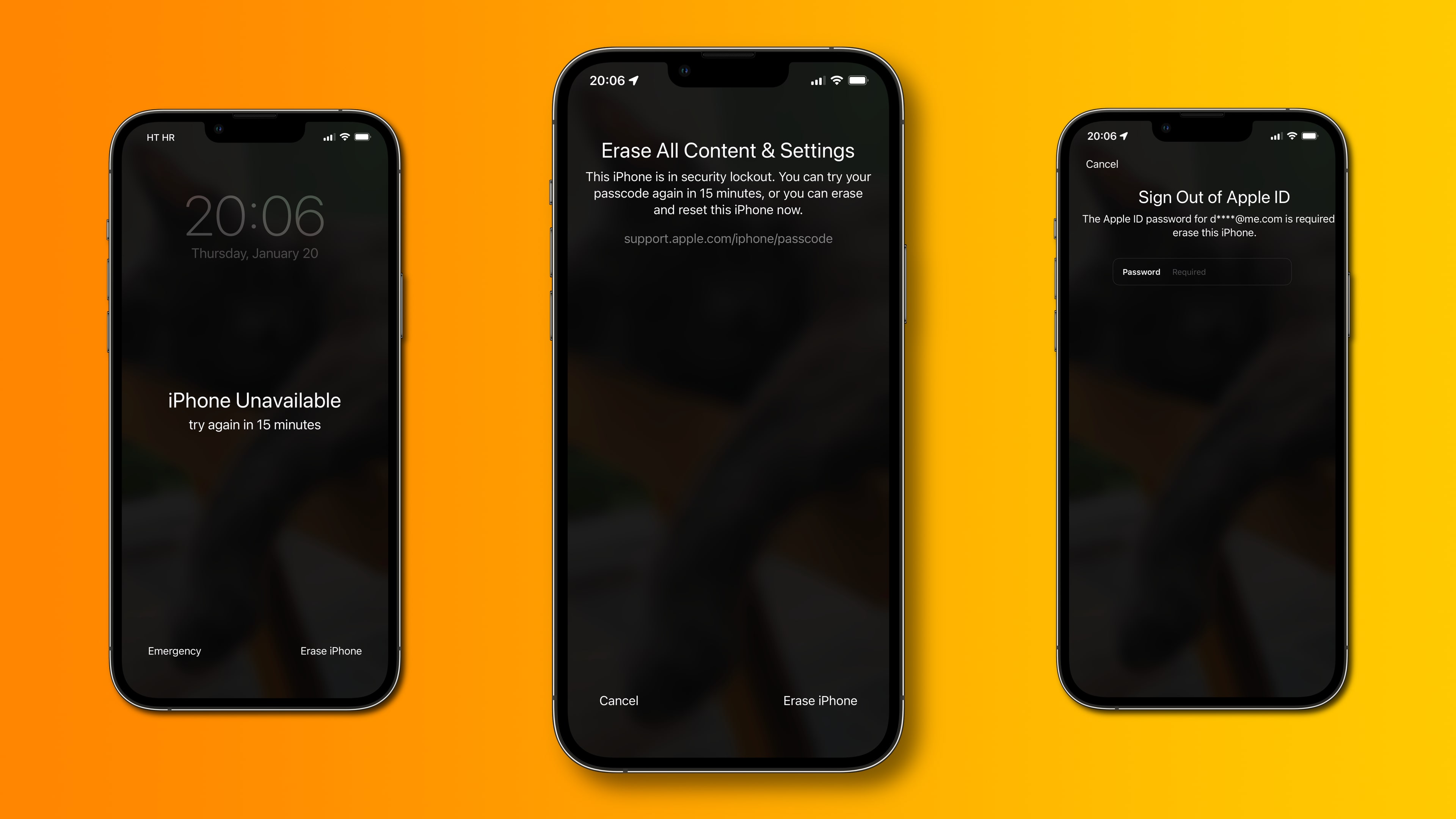 Three iPhone device screenshots showing the Security Lockout process when erasing iPhone, set against a vivid gradient background