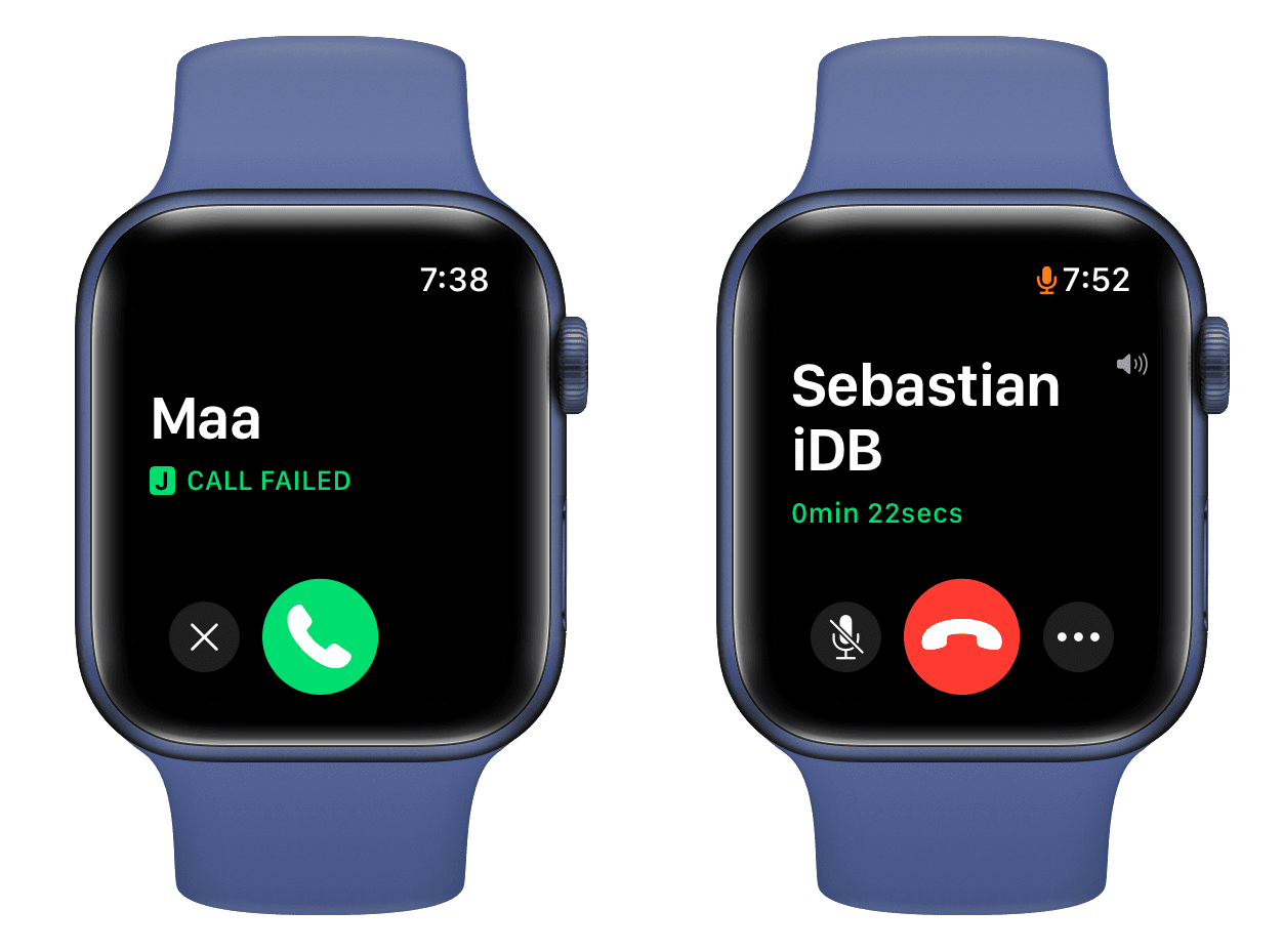Failed and successful FaceTime on Apple Watch