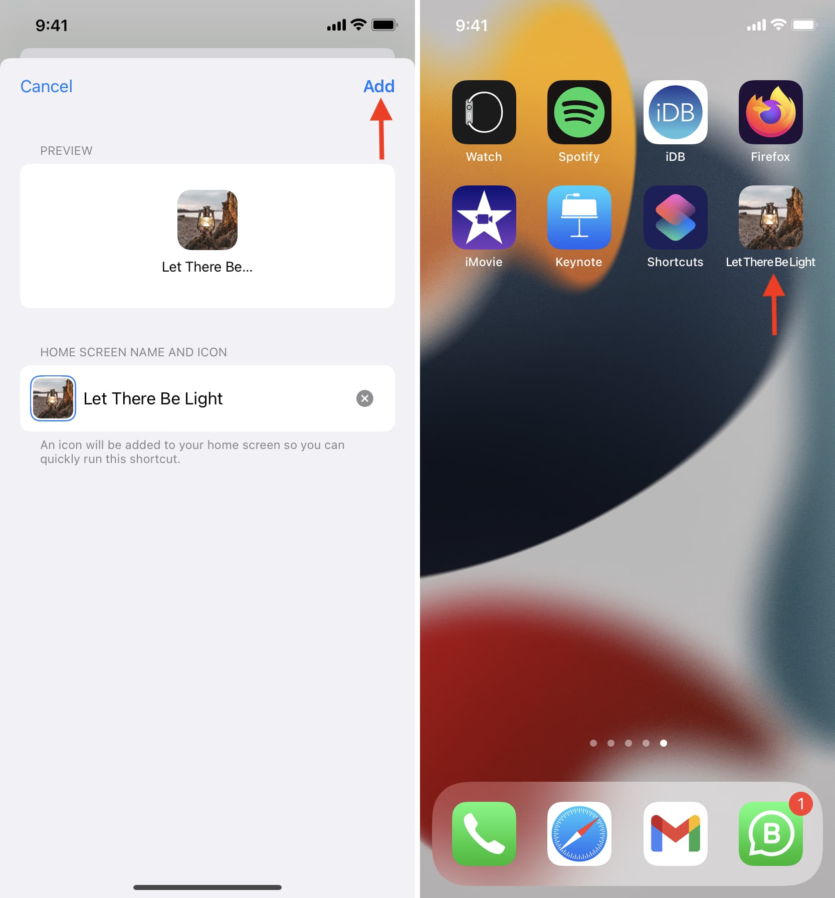 Flashlight shortcut created on iPhone Home Screen