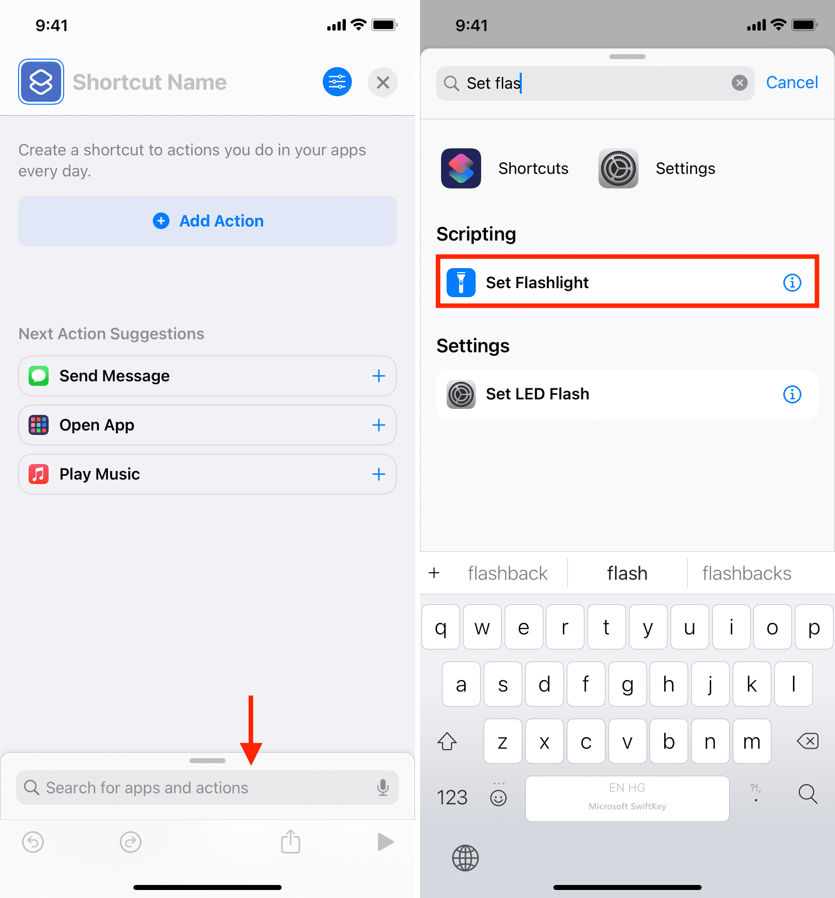 Set Flashlight action in Shortcuts app