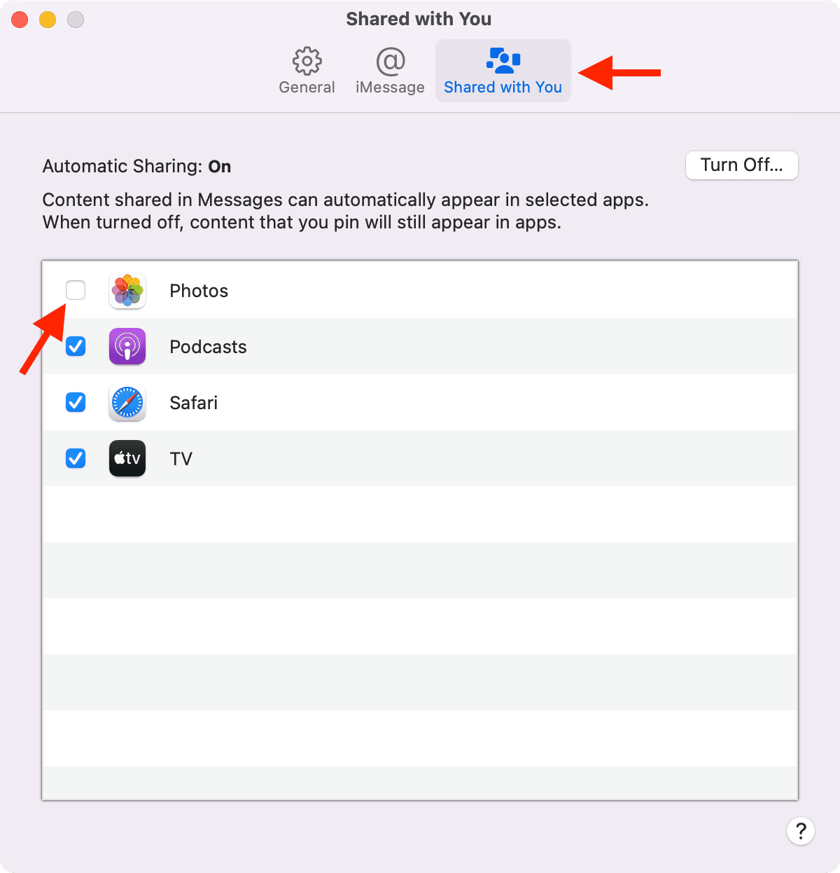 Turn off Shared with Your in Mac Messages app