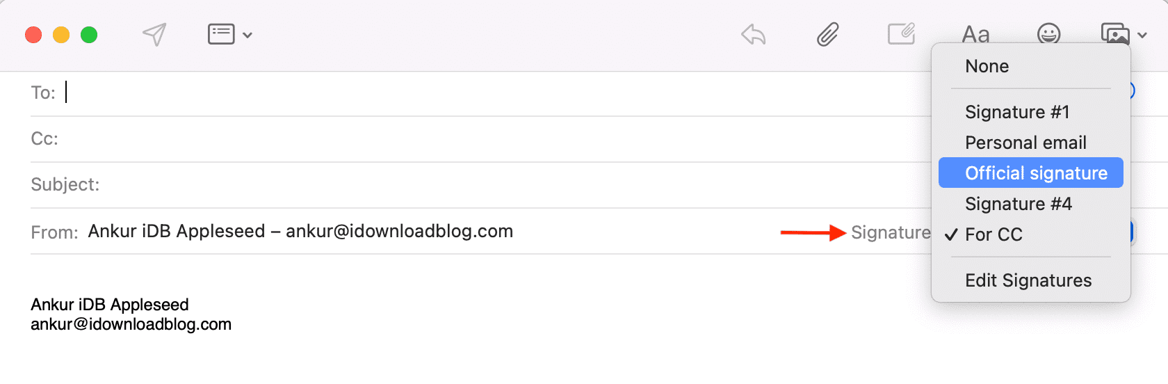 Choose signature in Mail app on Mac