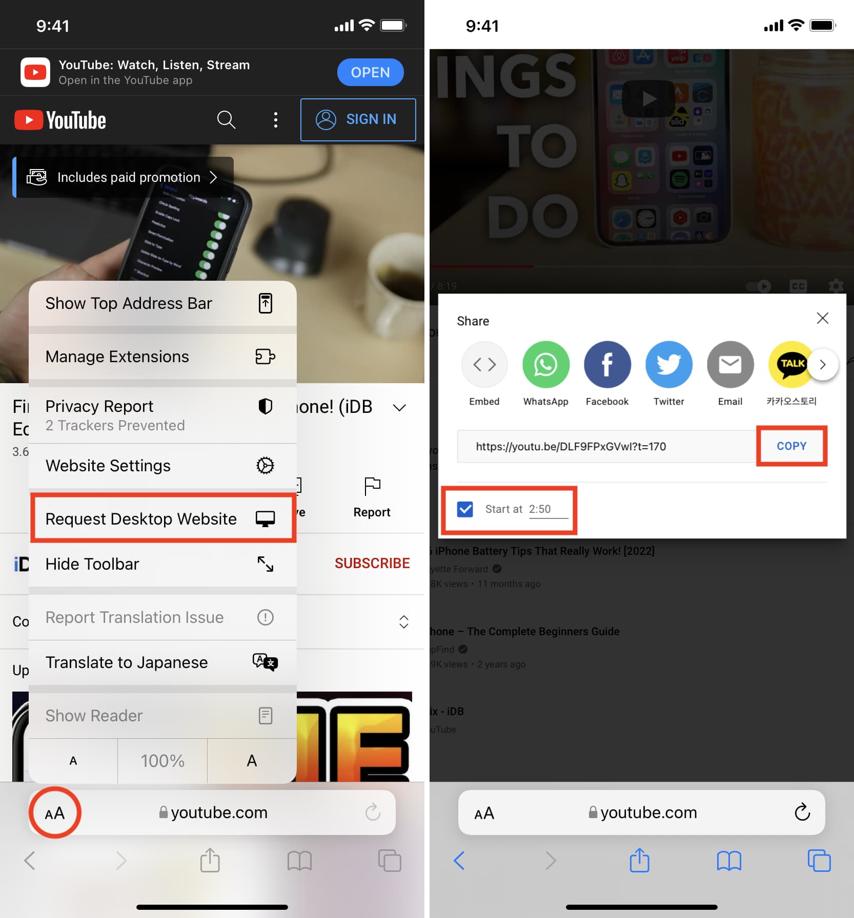 Request Desktop Website and copy YouTube timestamp on mobile