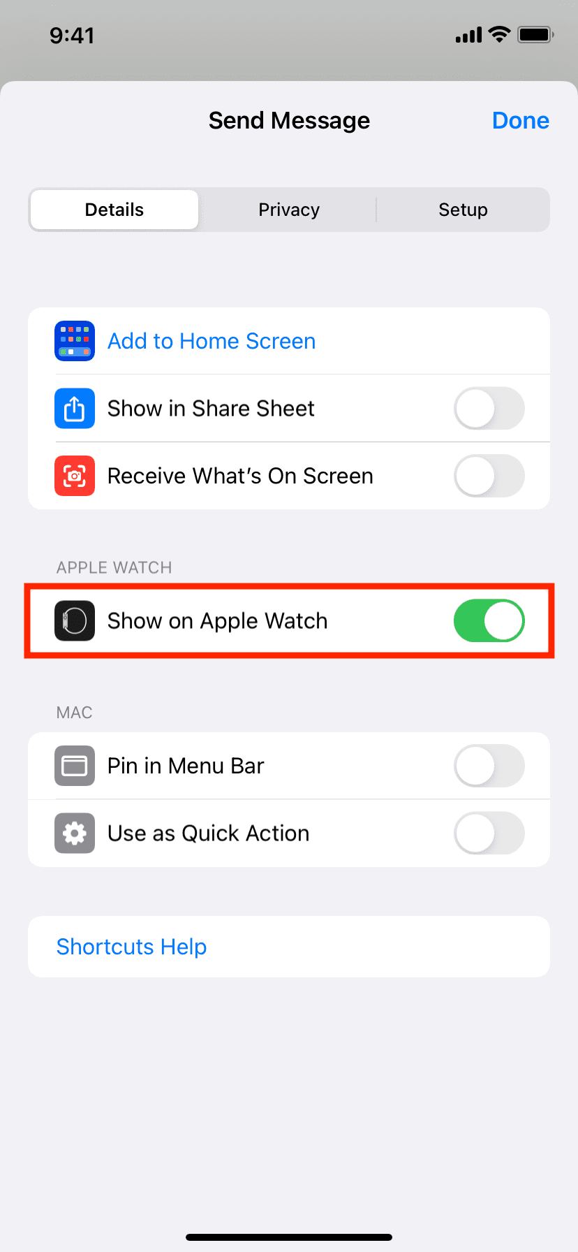 Show on Apple Watch shortcuts