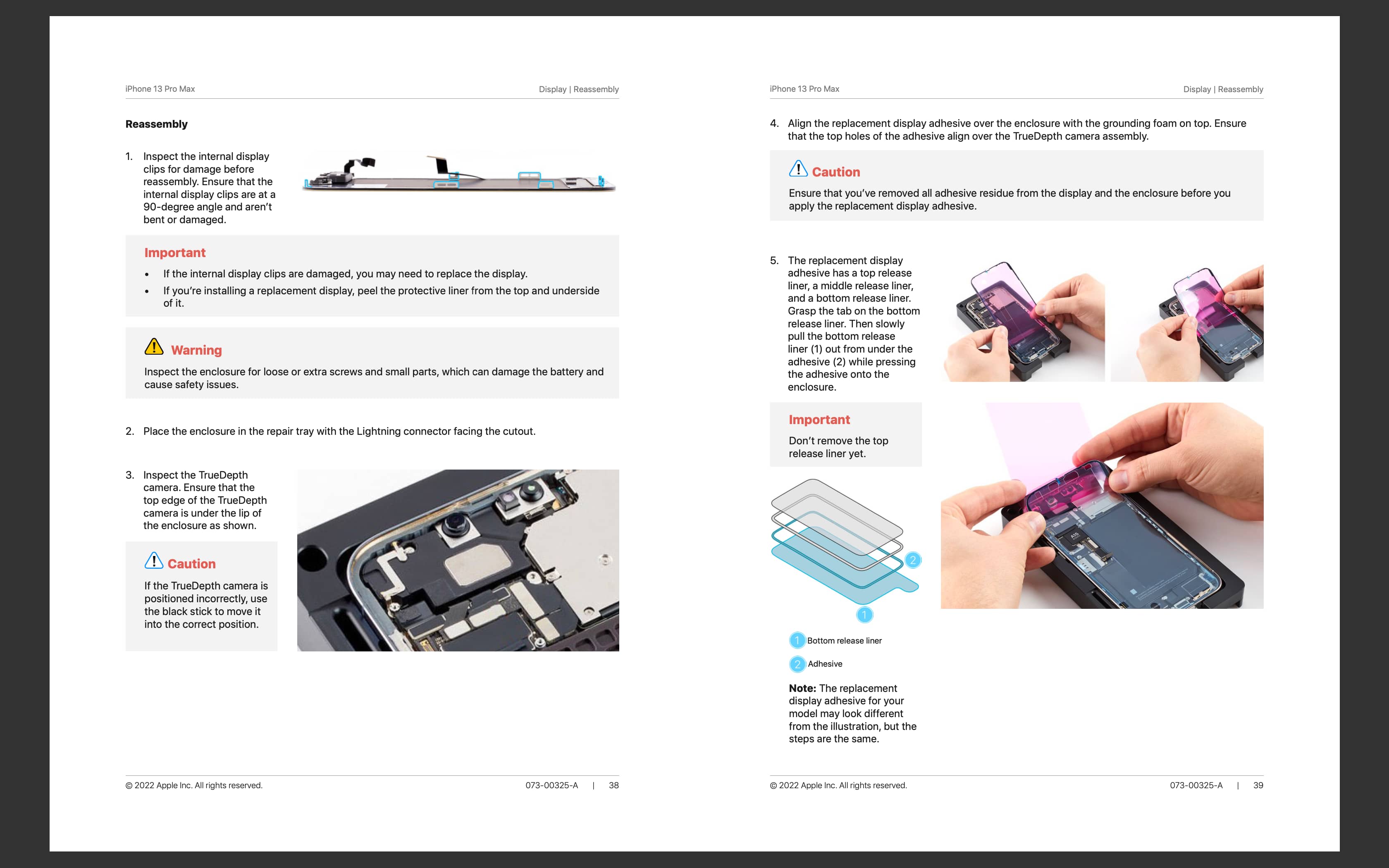 A screenshot from Apple's service manual for the iPhone 13 Pro Max showing the steps to replace the TrueDepth camera