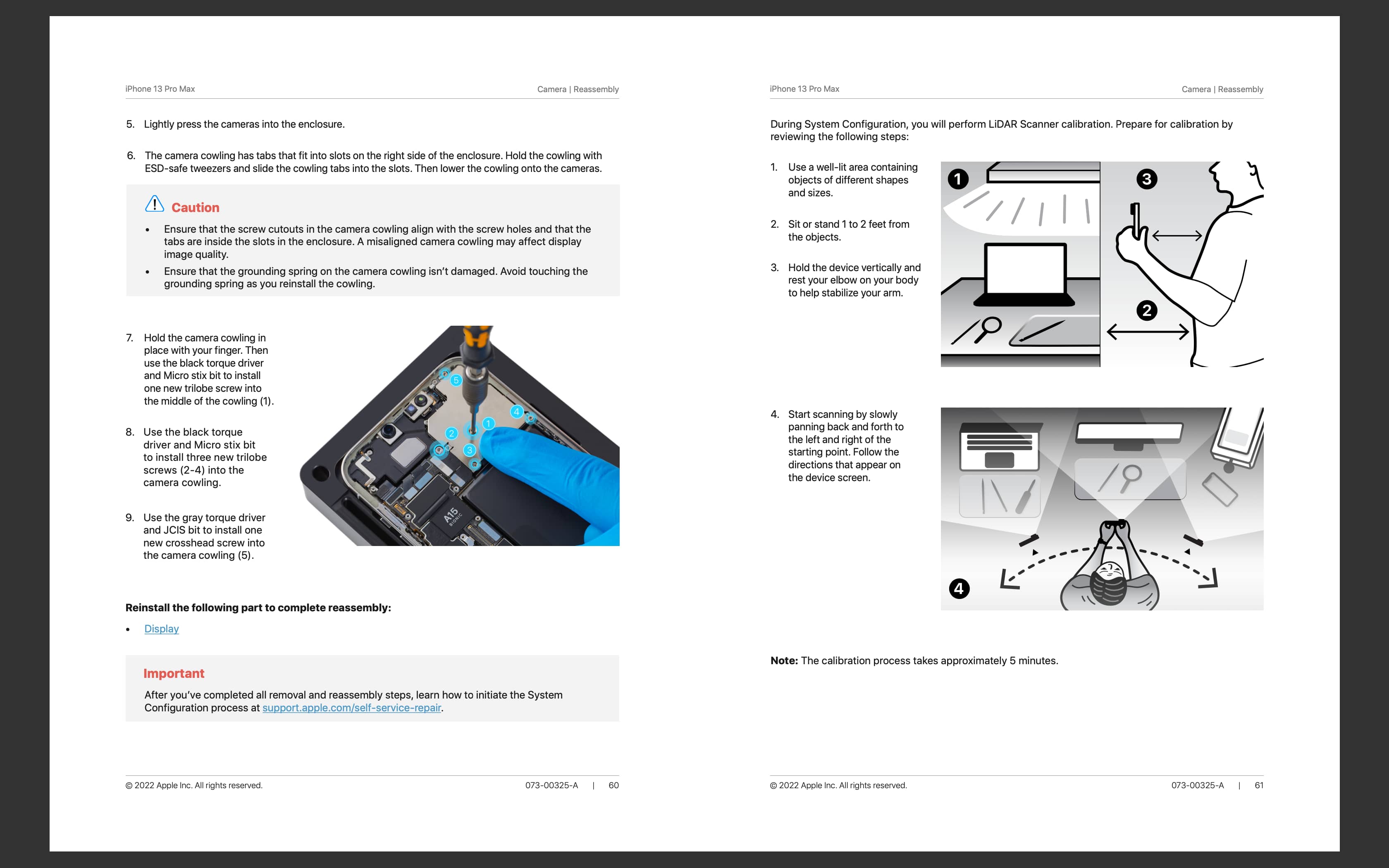 A screenshot from Apple's service manual for the iPhone 13 Pro Max showing the steps to replace the camera