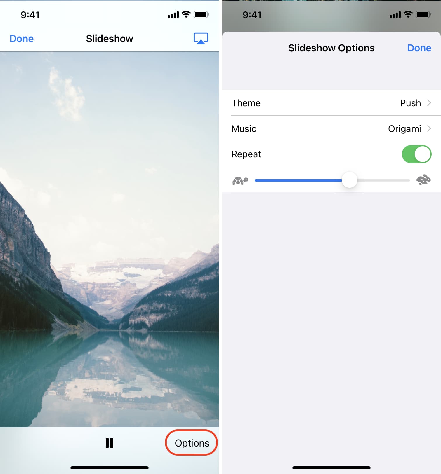 Slideshow Options in iPhone Photos app